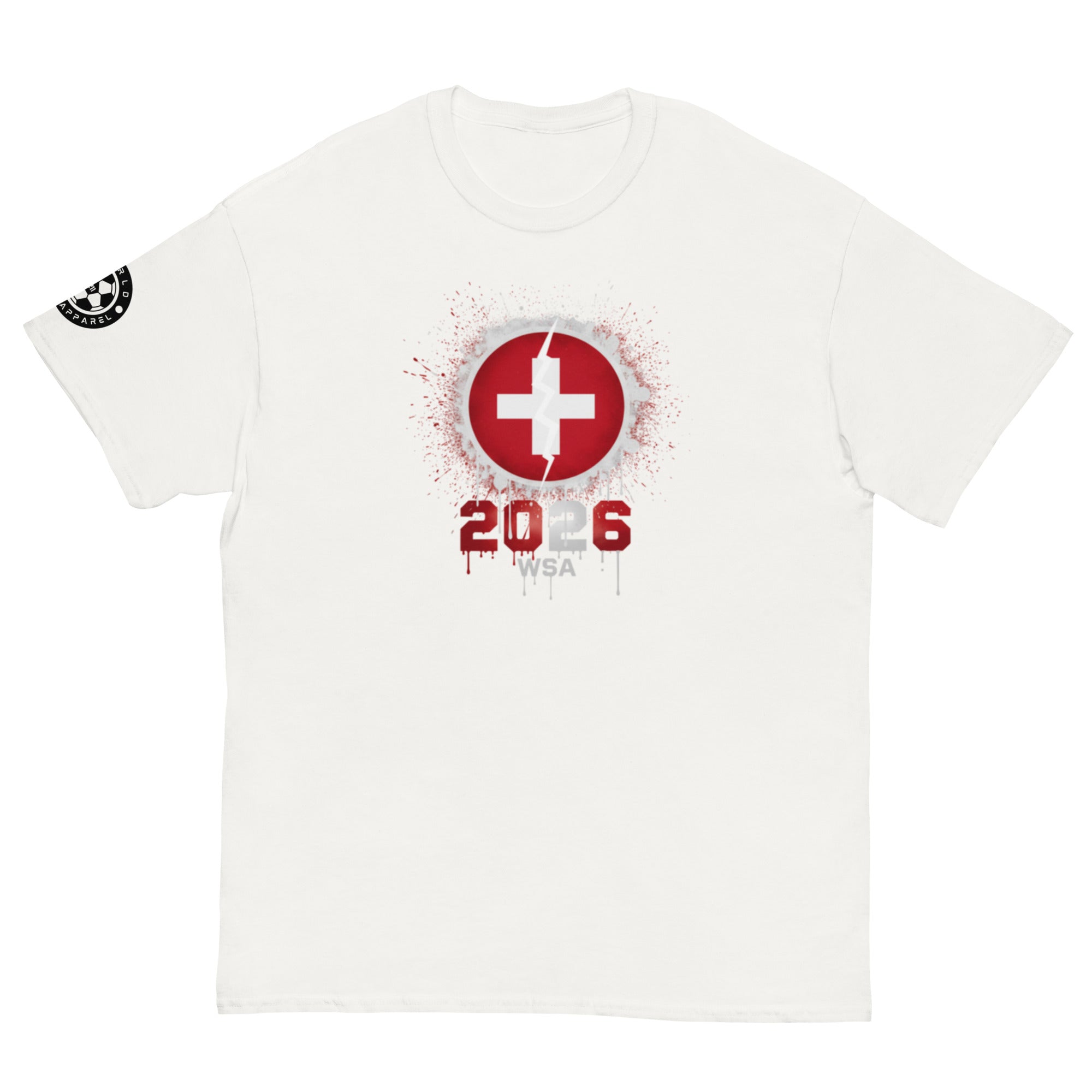 White t-shirt with a red and white logo featuring a cross and the number 2026 on a white background.