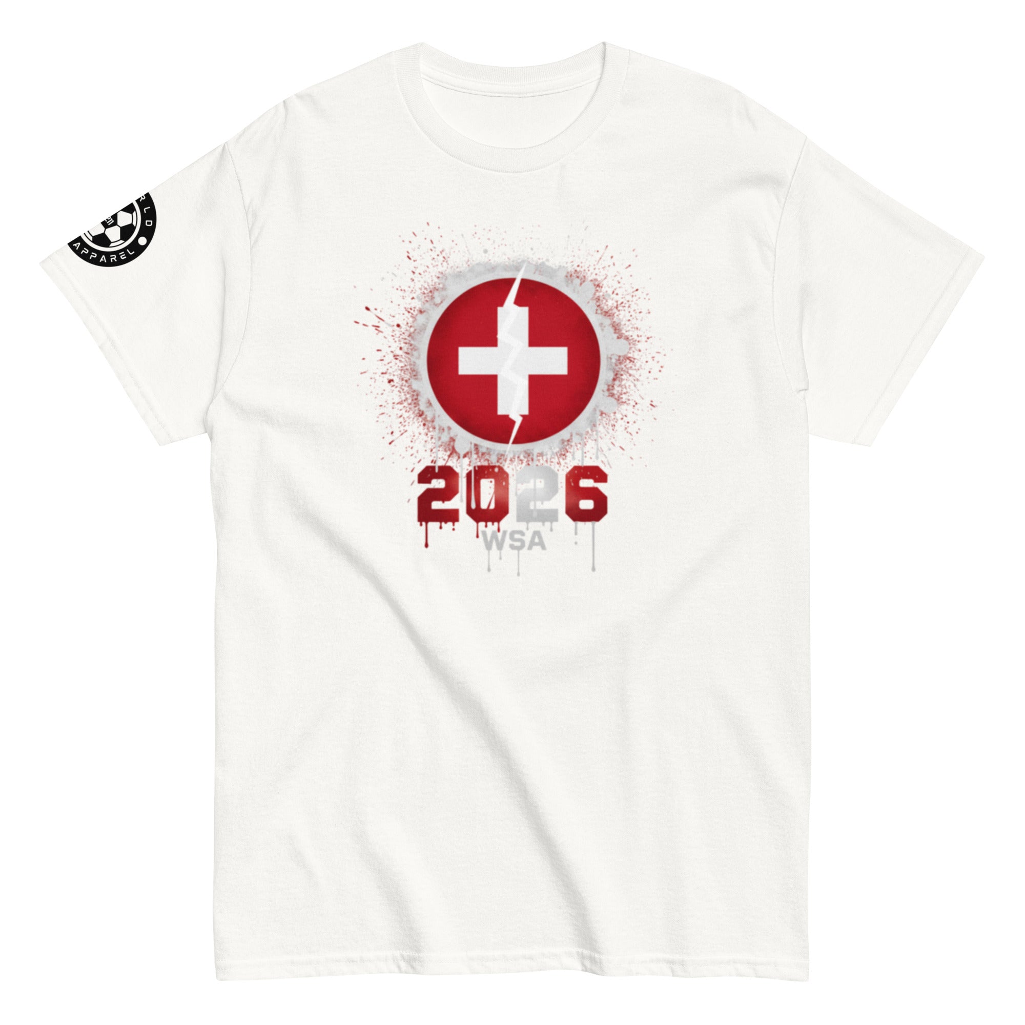 White t-shirt with a red and white logo featuring a cross and '2026 WSA' text on a white background.