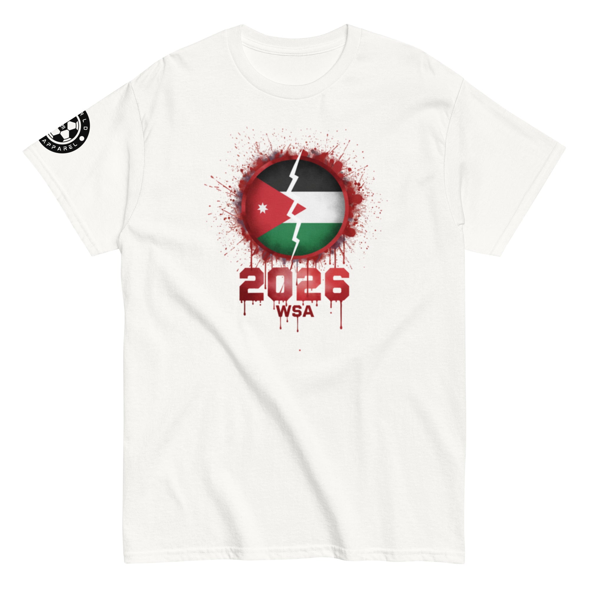 White t-shirt with a graphic design featuring a flag and text on a white background