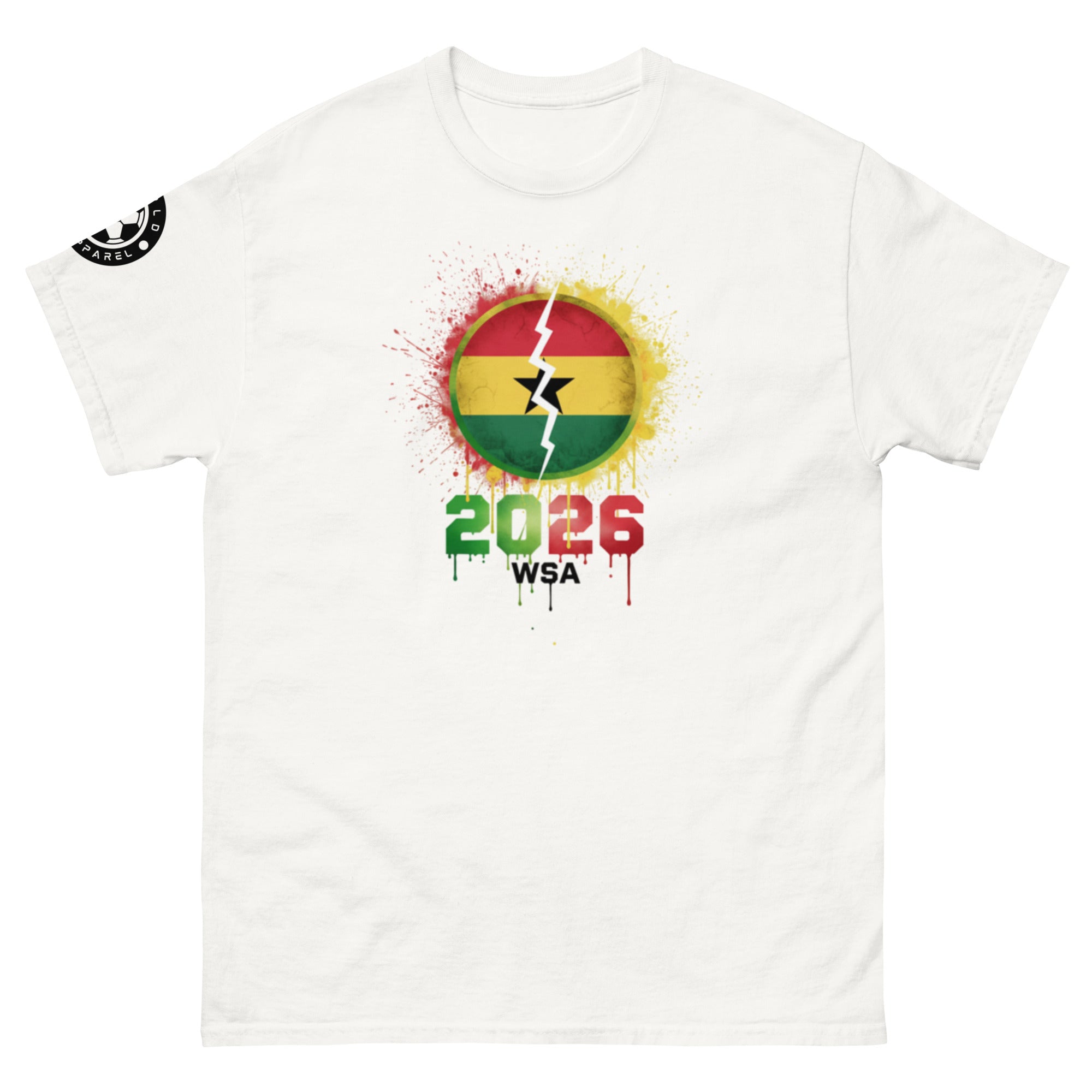 White t-shirt with a colorful graphic design featuring the number 2026 and text on a white background.