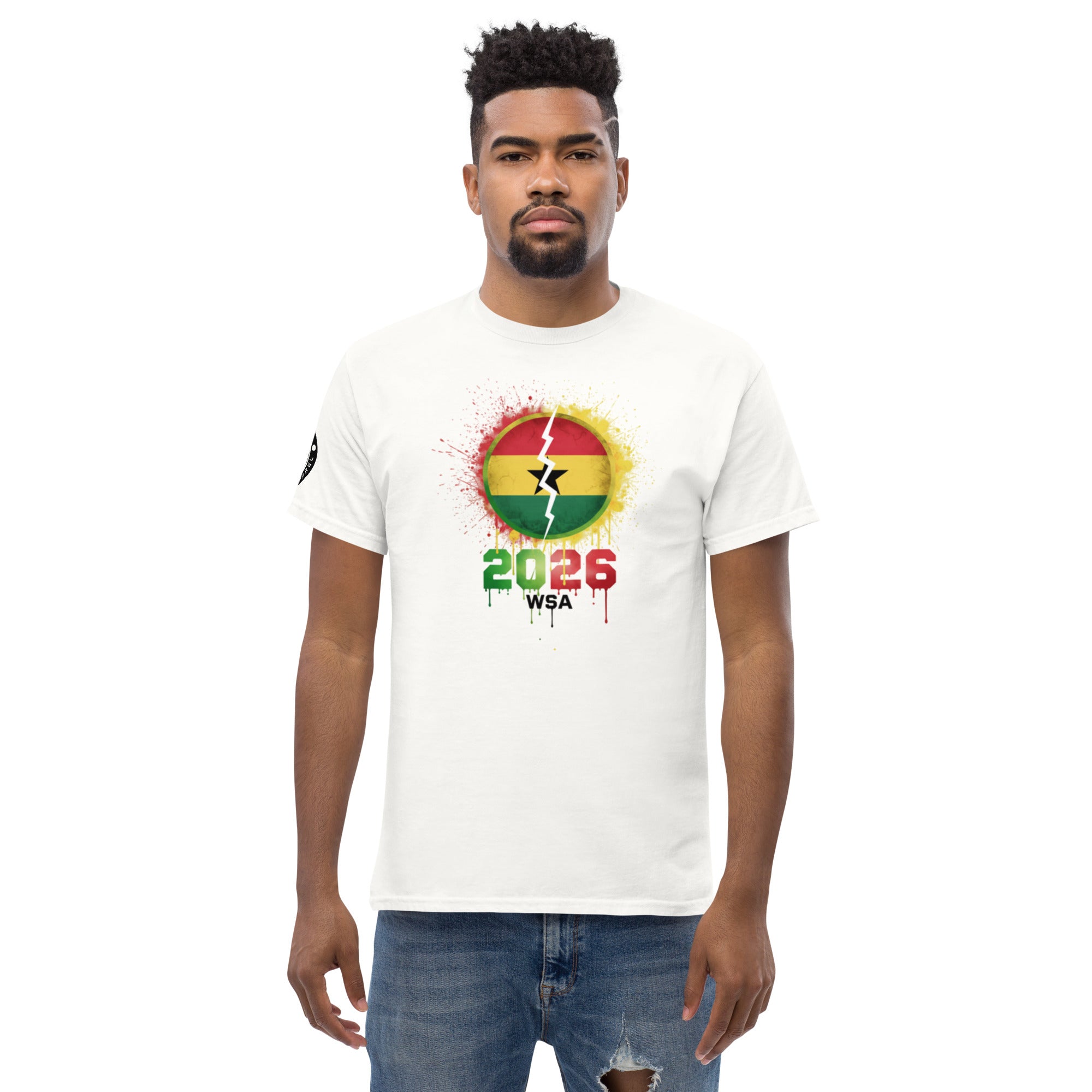 Man wearing a white t-shirt with a colorful design and text on a white background