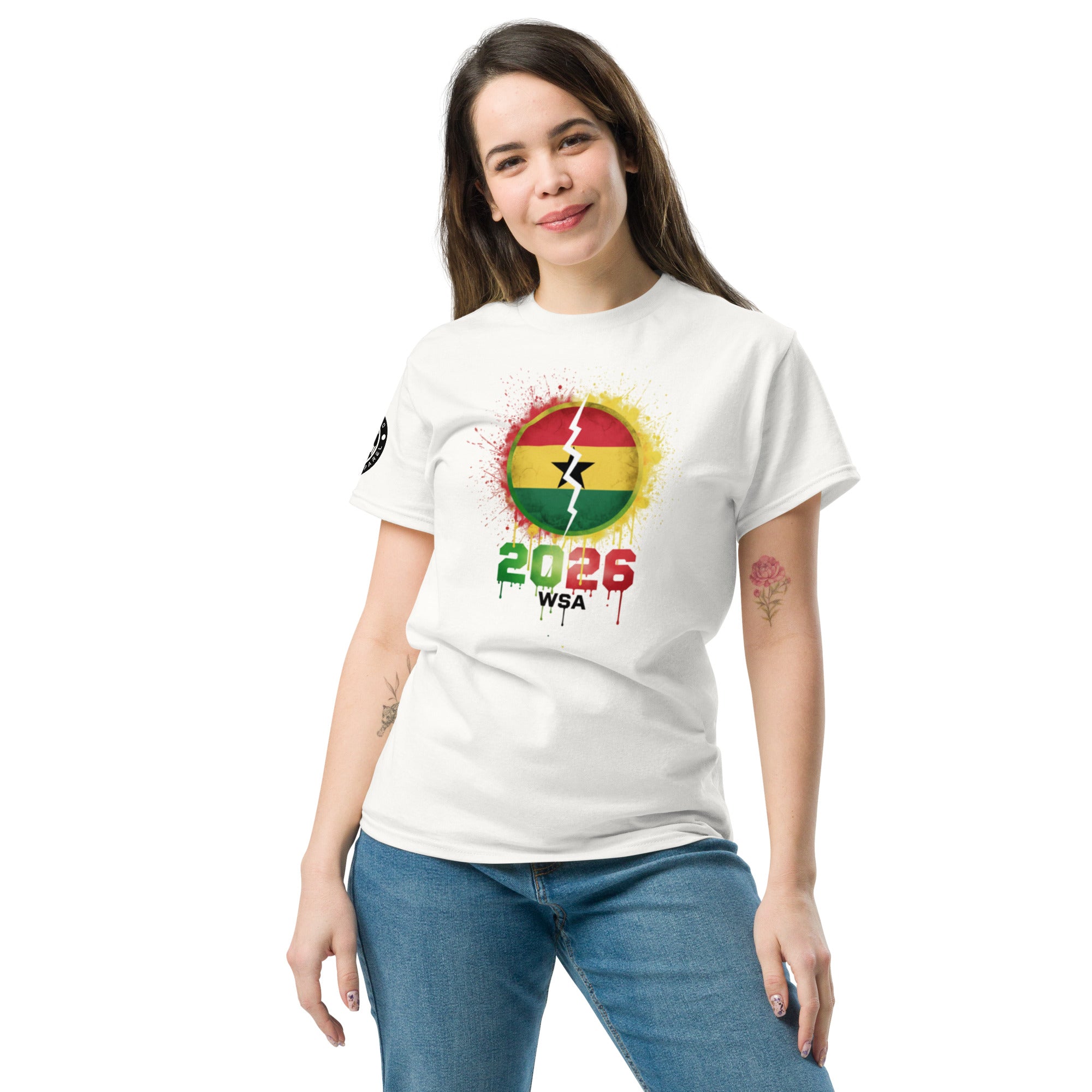 Woman wearing a white t-shirt with a colorful design and text on a white background