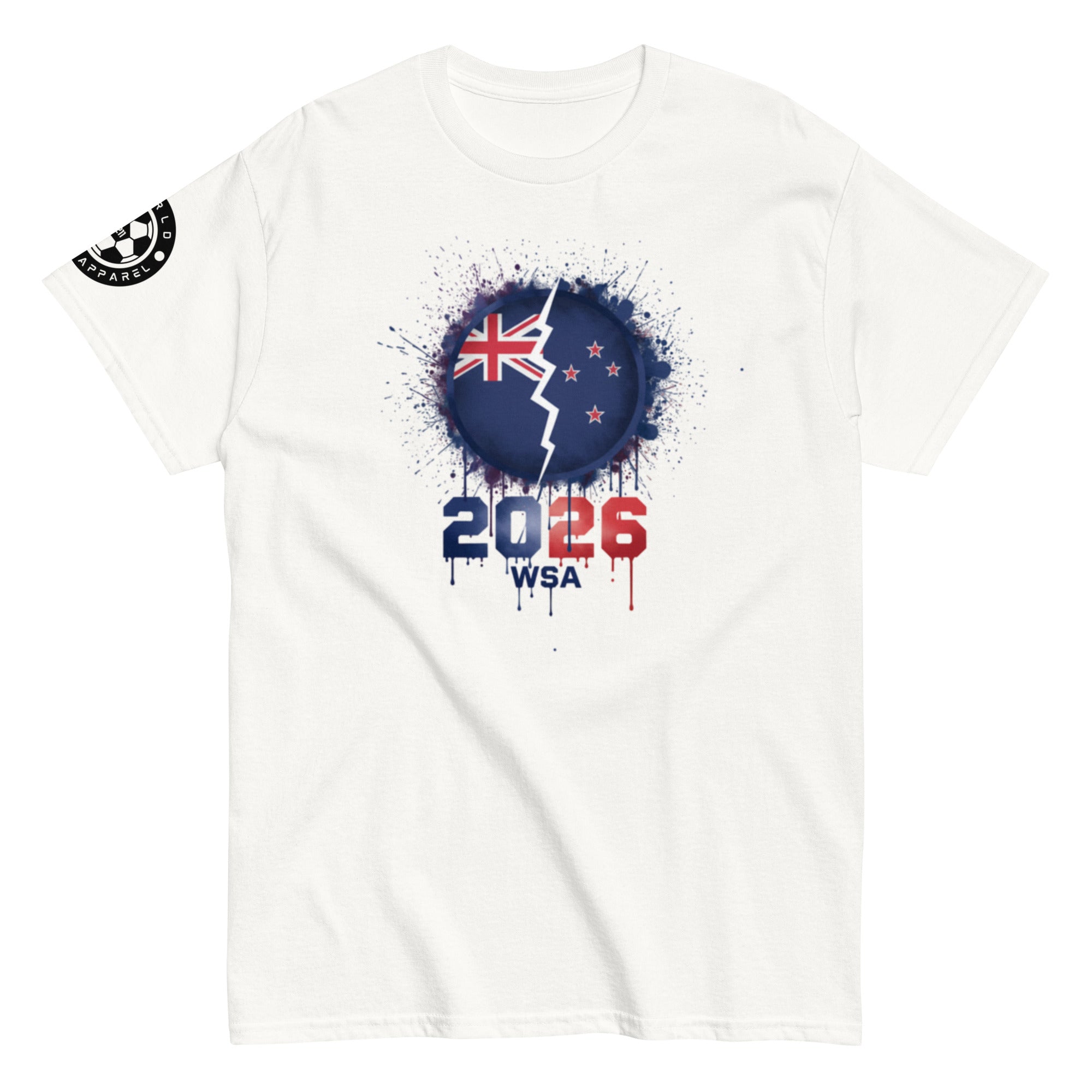 White t-shirt with a blue graphic design featuring a flag and '2026 WSA' text on a white background.