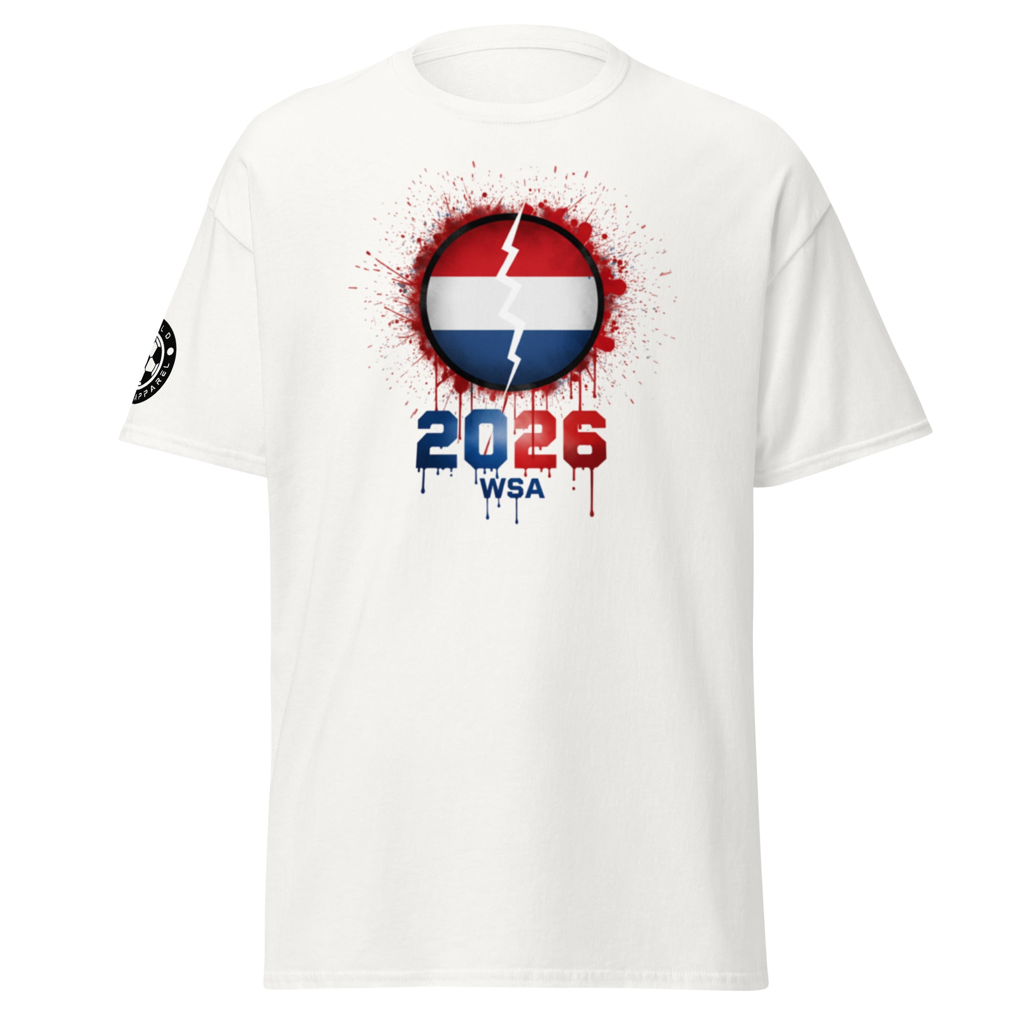 White t-shirt with a graphic design featuring a circle with red, white, and blue colors and text on a white background.