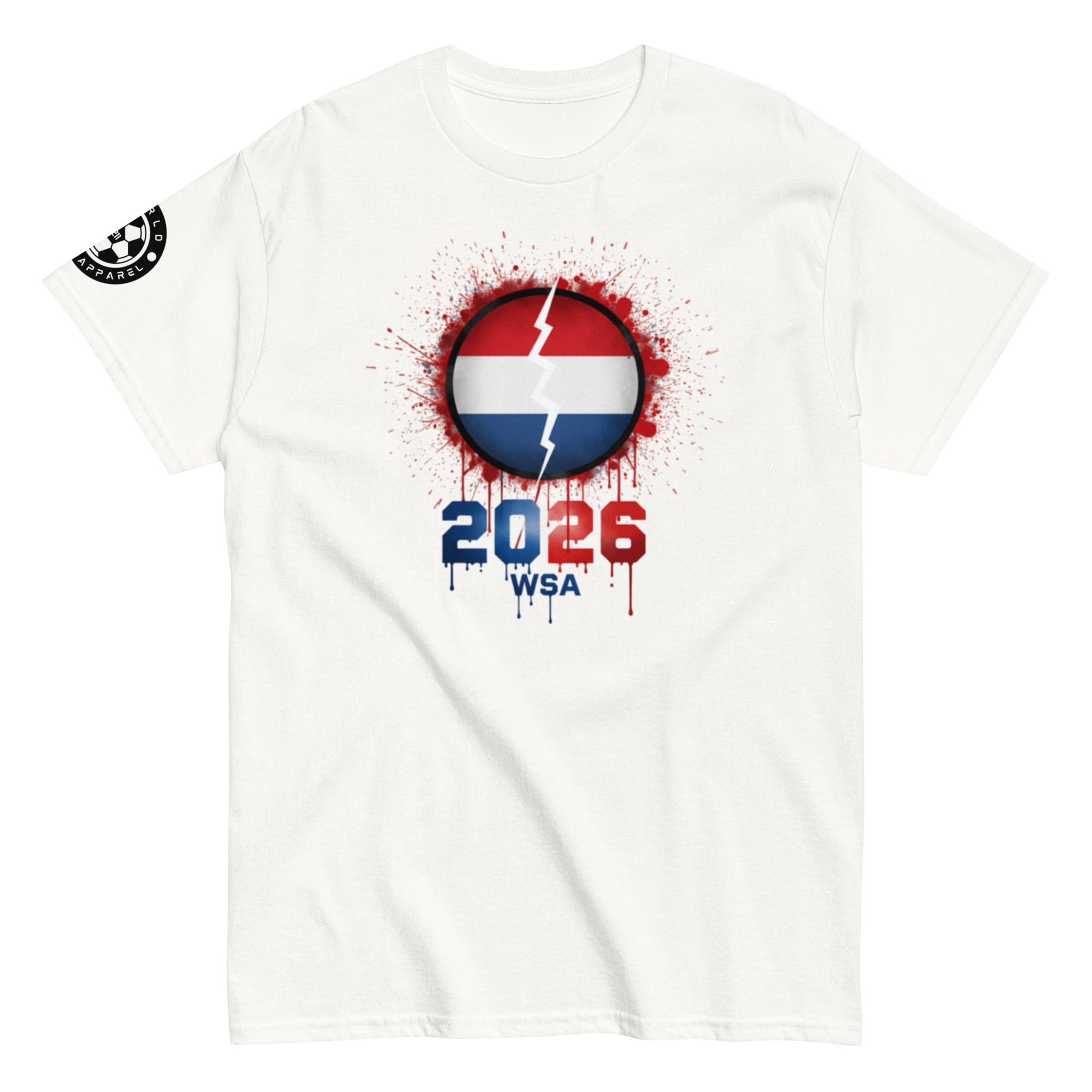 White t-shirt with a graphic design featuring a circle with a flag, number 2026, and letters WSA on a white background.