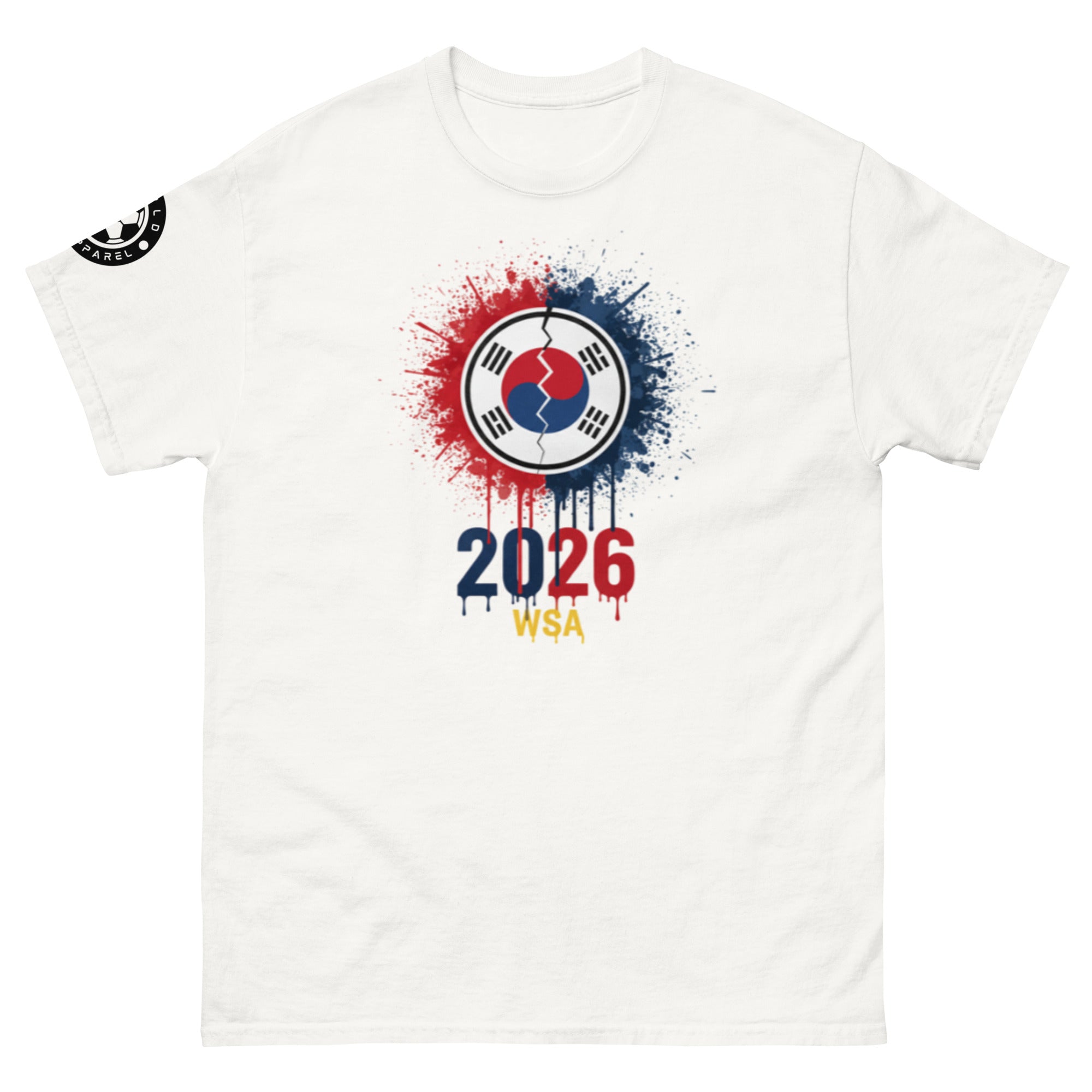 White t-shirt with a graphic design featuring a flag and '2026 WSA' text on a white background