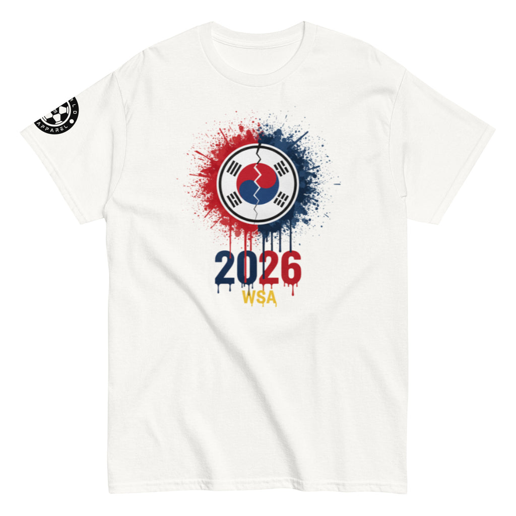 White t-shirt with a graphic design featuring a logo and '2026 WSA' text on a white background.