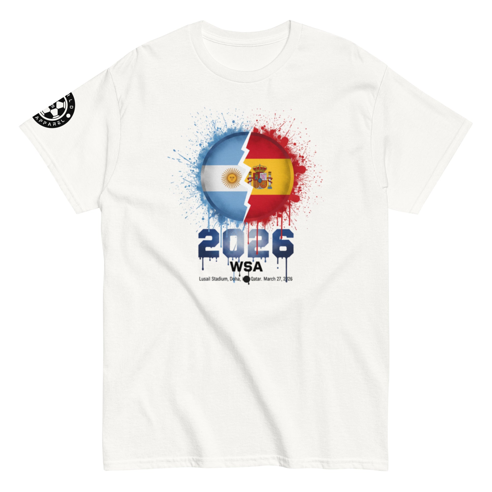 White t-shirt with a colorful design featuring two flags and the year 2026 on a white background.