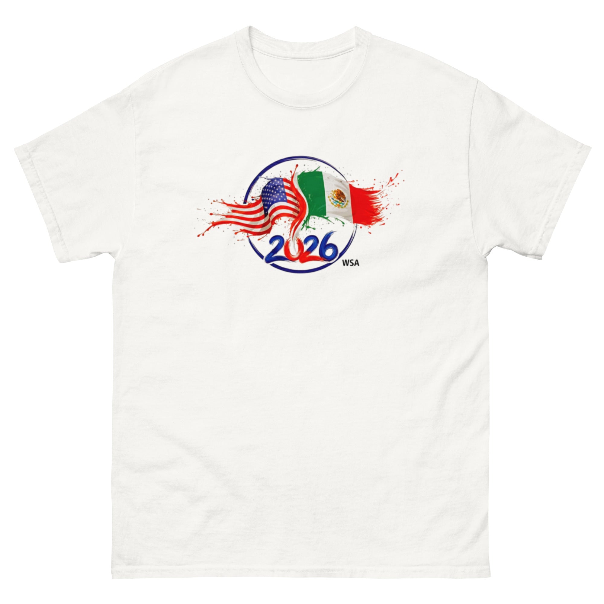 White t-shirt with 2026 World Cup logo featuring American and Mexican flags on a white background