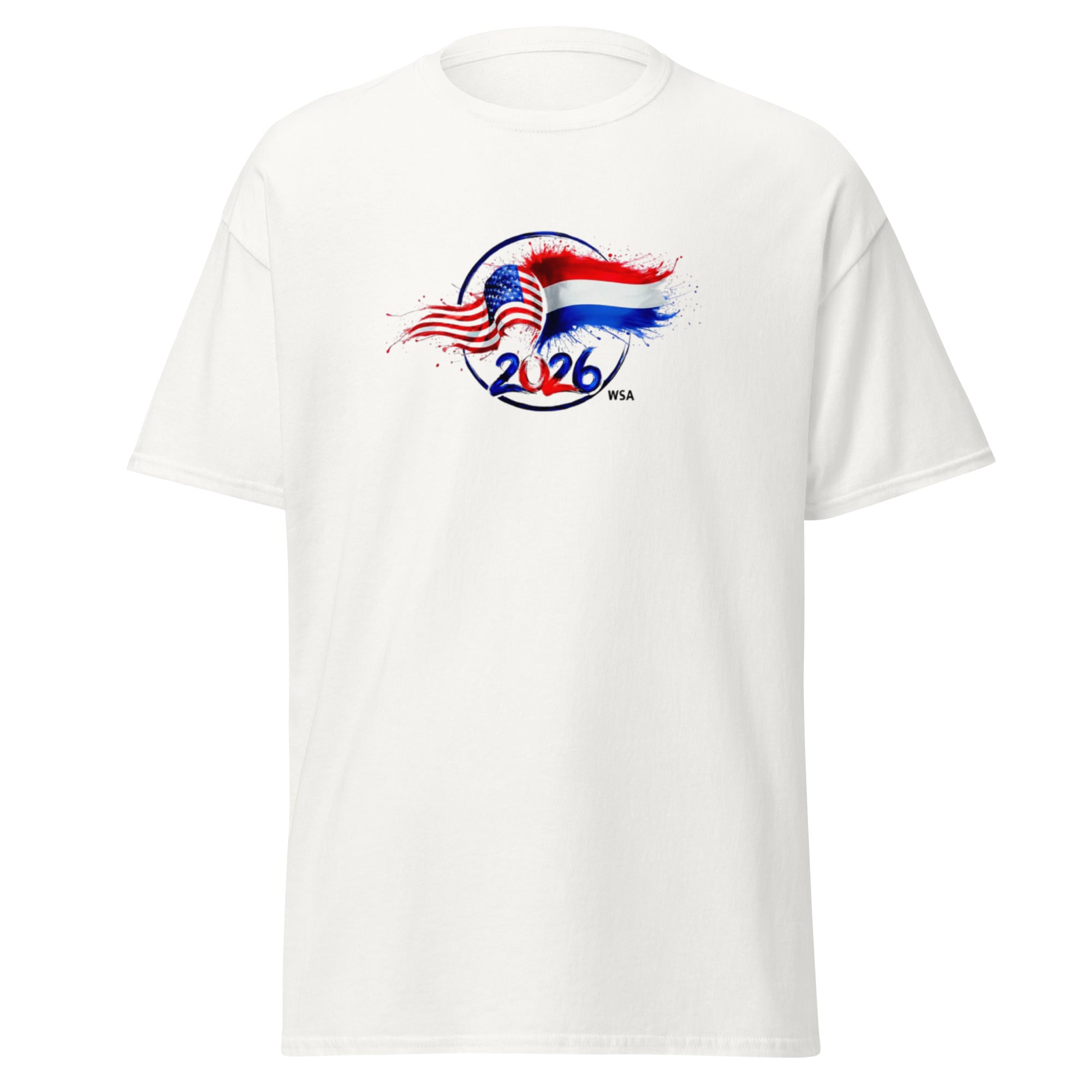 White t-shirt with a colorful design featuring the number 2026 on a white background