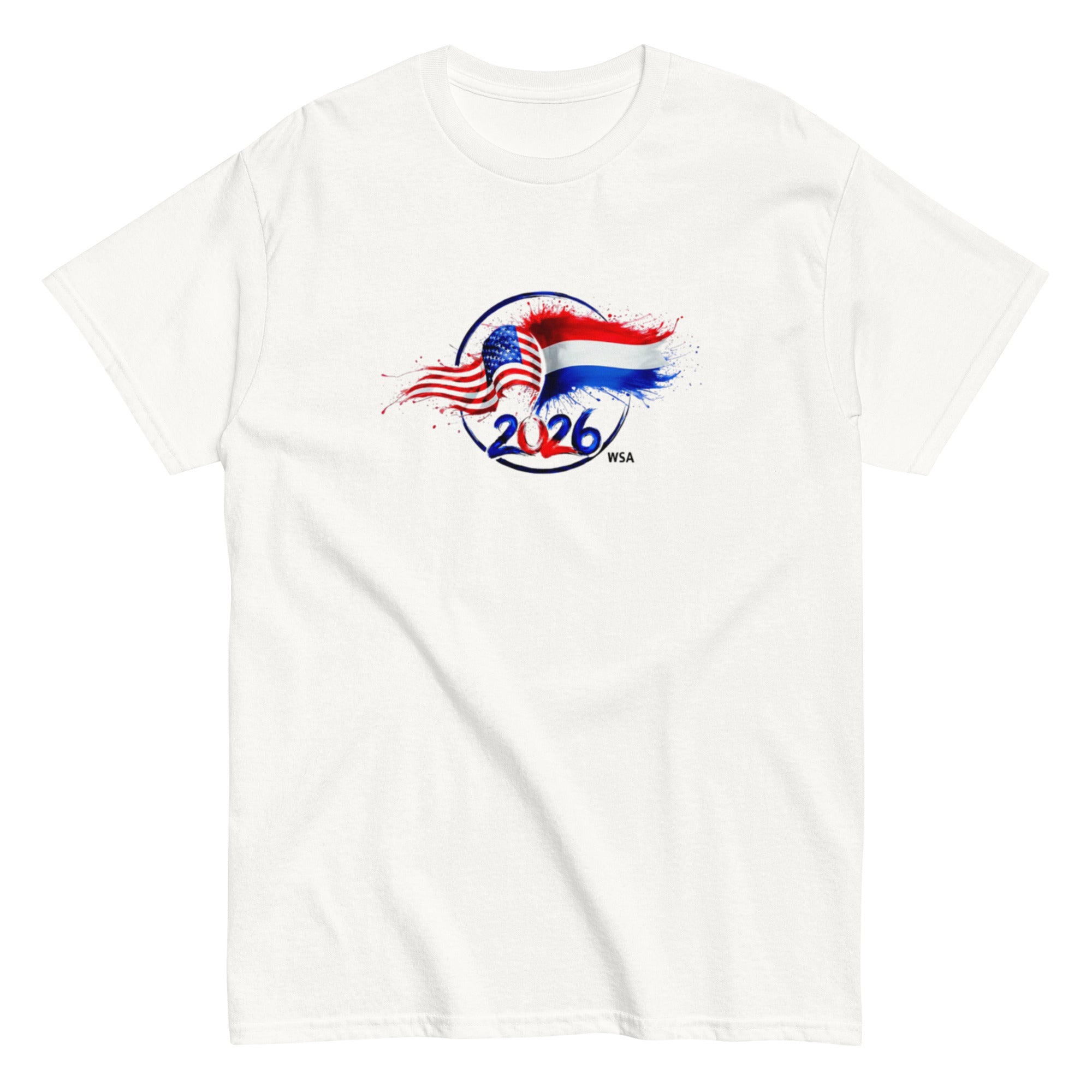 White t-shirt with 2026 USA graphic design on a white background