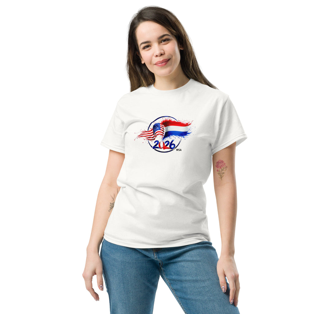Woman wearing a white t-shirt with a graphic design on a white background