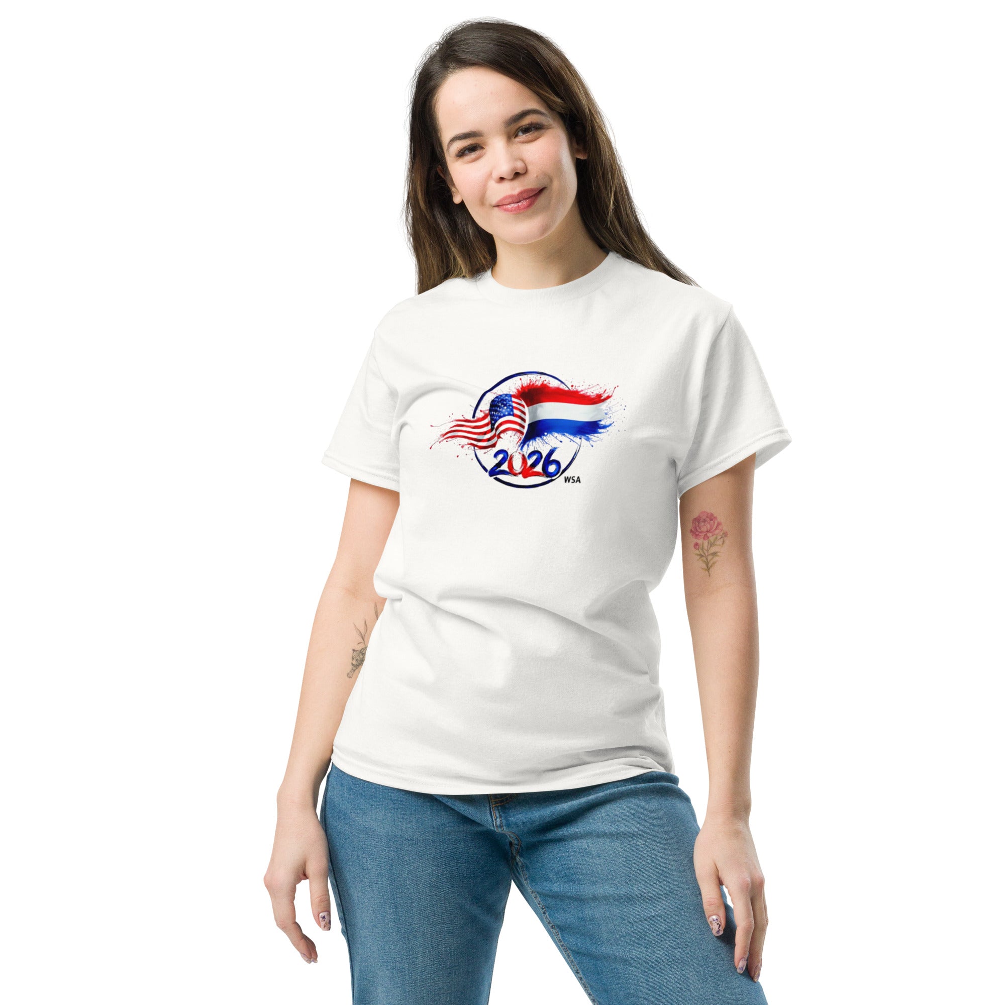 Woman wearing a white t-shirt with a graphic design on a white background