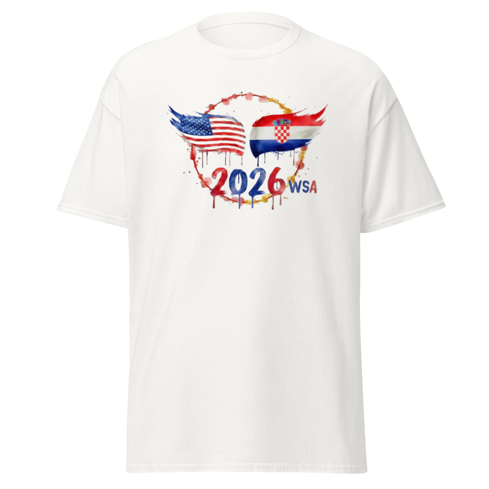 White t-shirt with American and Croatian flags and '2026 WSA' text on a white background