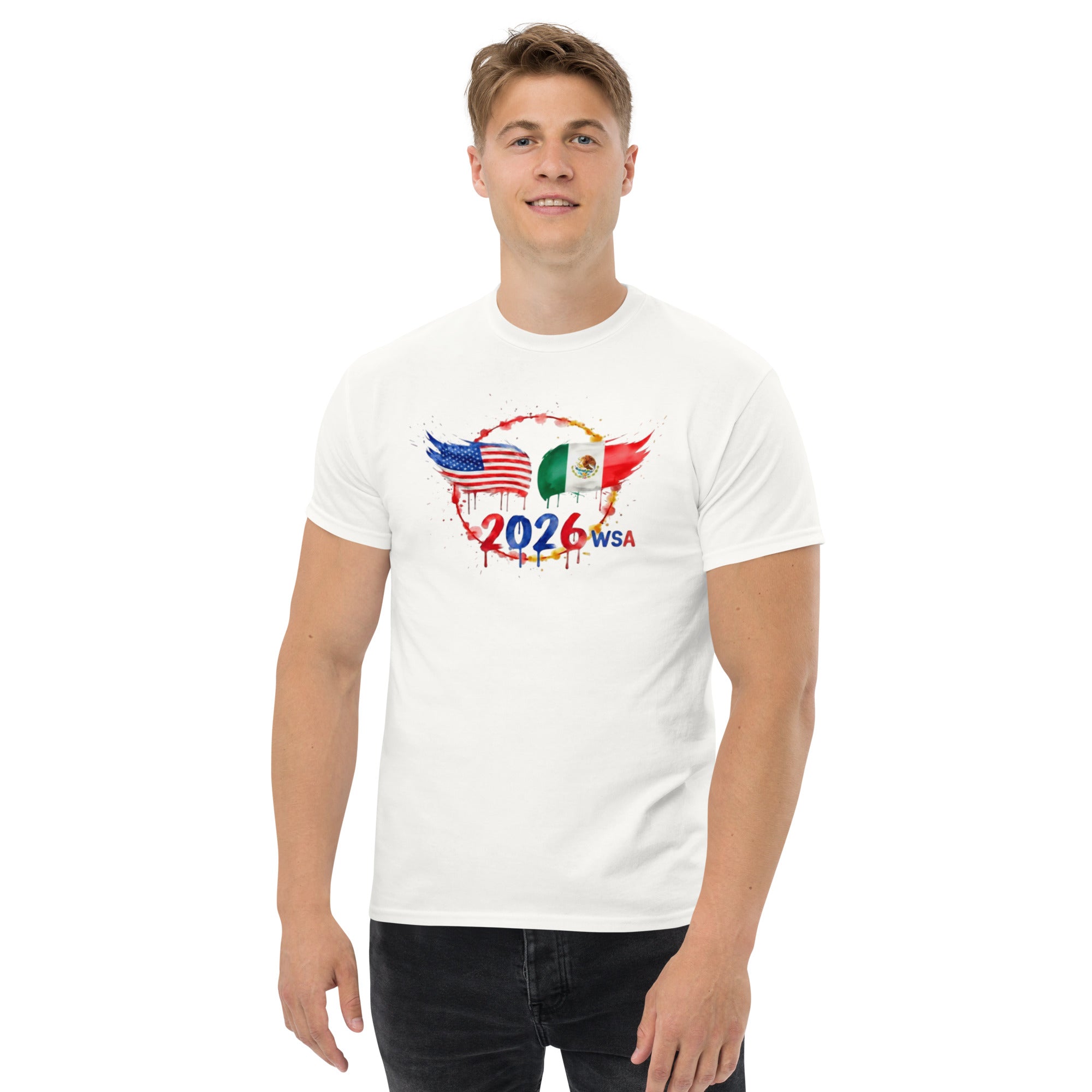 Person wearing a white t-shirt with 2026 WSA design on a white background