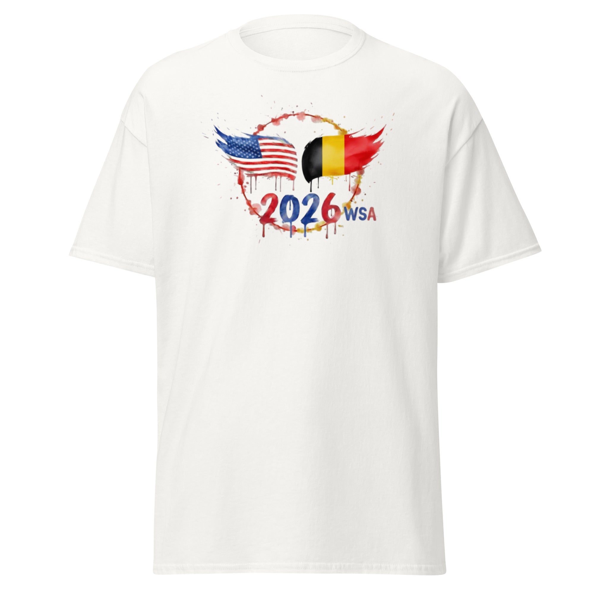 White t-shirt with 2026 WSA design featuring American and Belgian flags on a white background