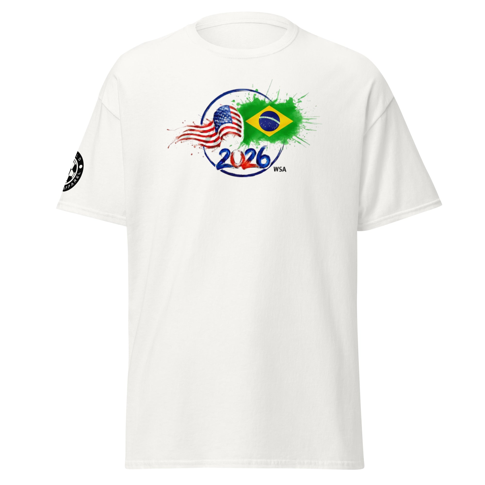 White t-shirt with 2026 World Cup logo featuring American and Brazilian flags on a white background