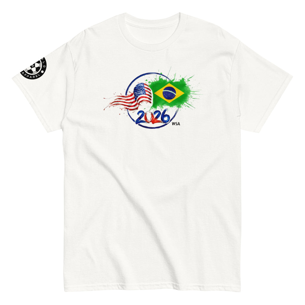 White t-shirt with 2026 World Cup logo featuring American and Brazilian flags on a white background.
