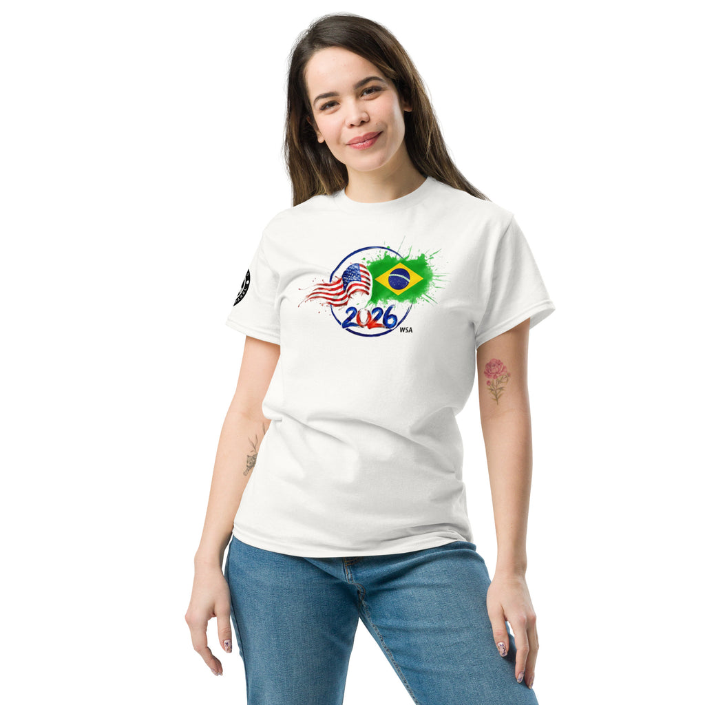 Woman wearing a white t-shirt with a colorful design on a white background