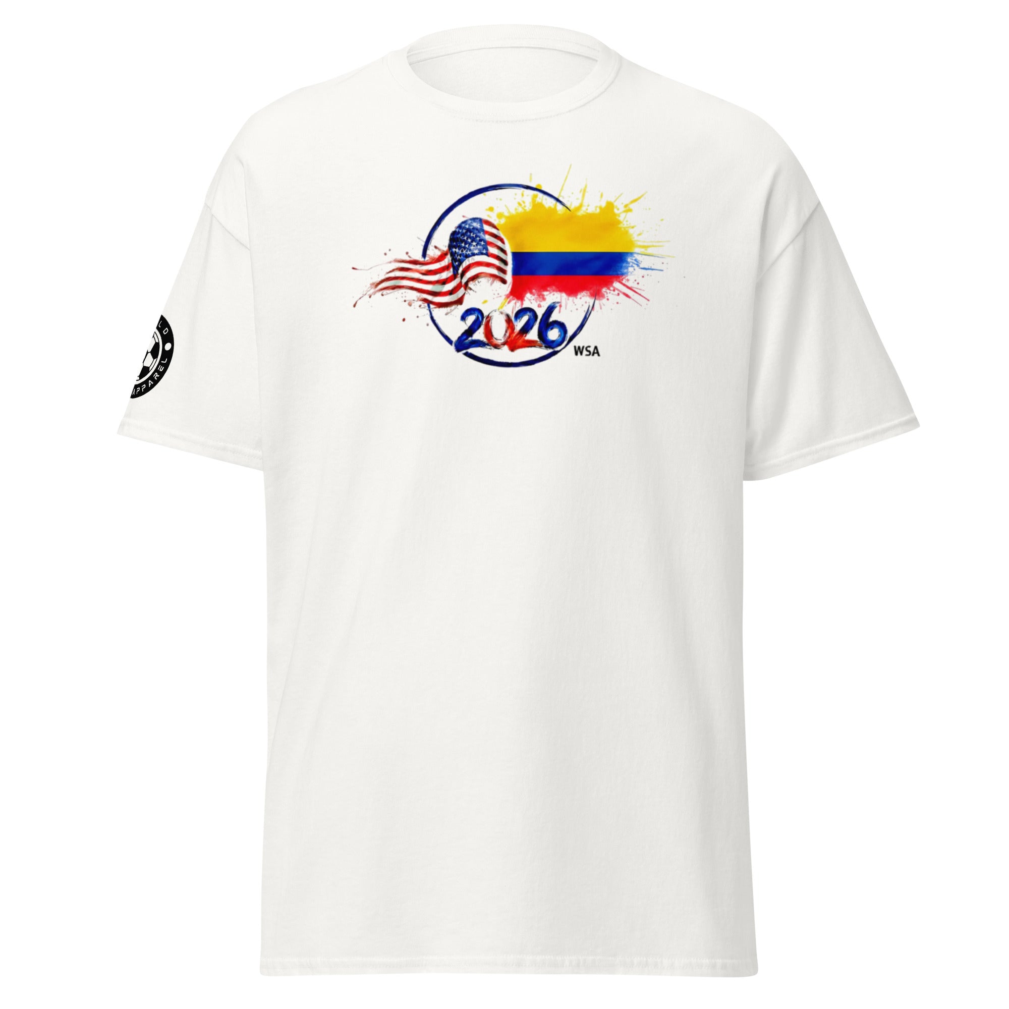 White t-shirt with 2026 World Cup design featuring American and Colombian flags on a white background