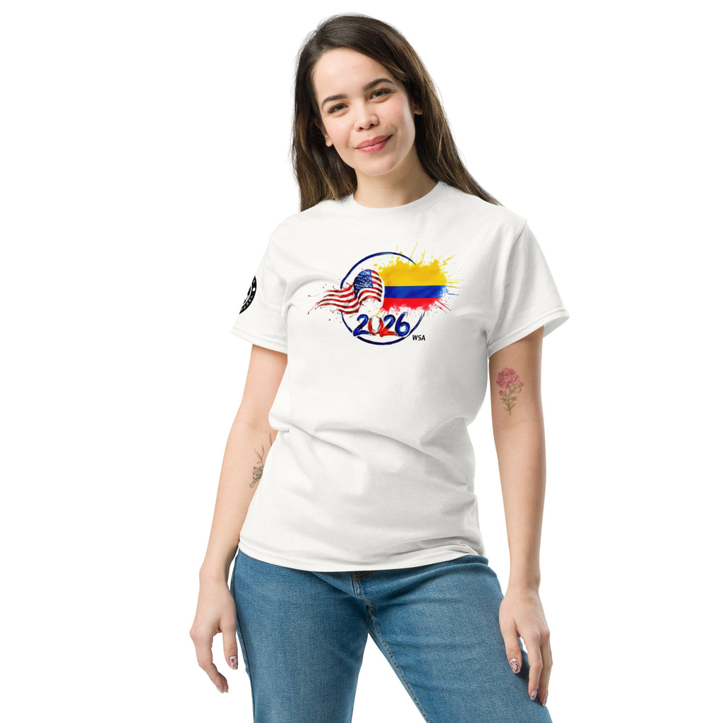 Woman wearing a white t-shirt with a colorful design on a white background