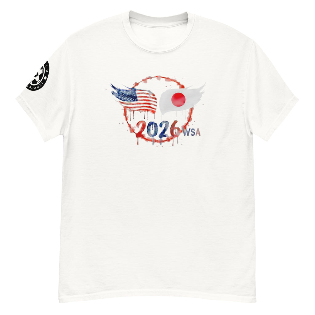 White t-shirt with 2026 WSA logo featuring American and Japanese flags on a white background