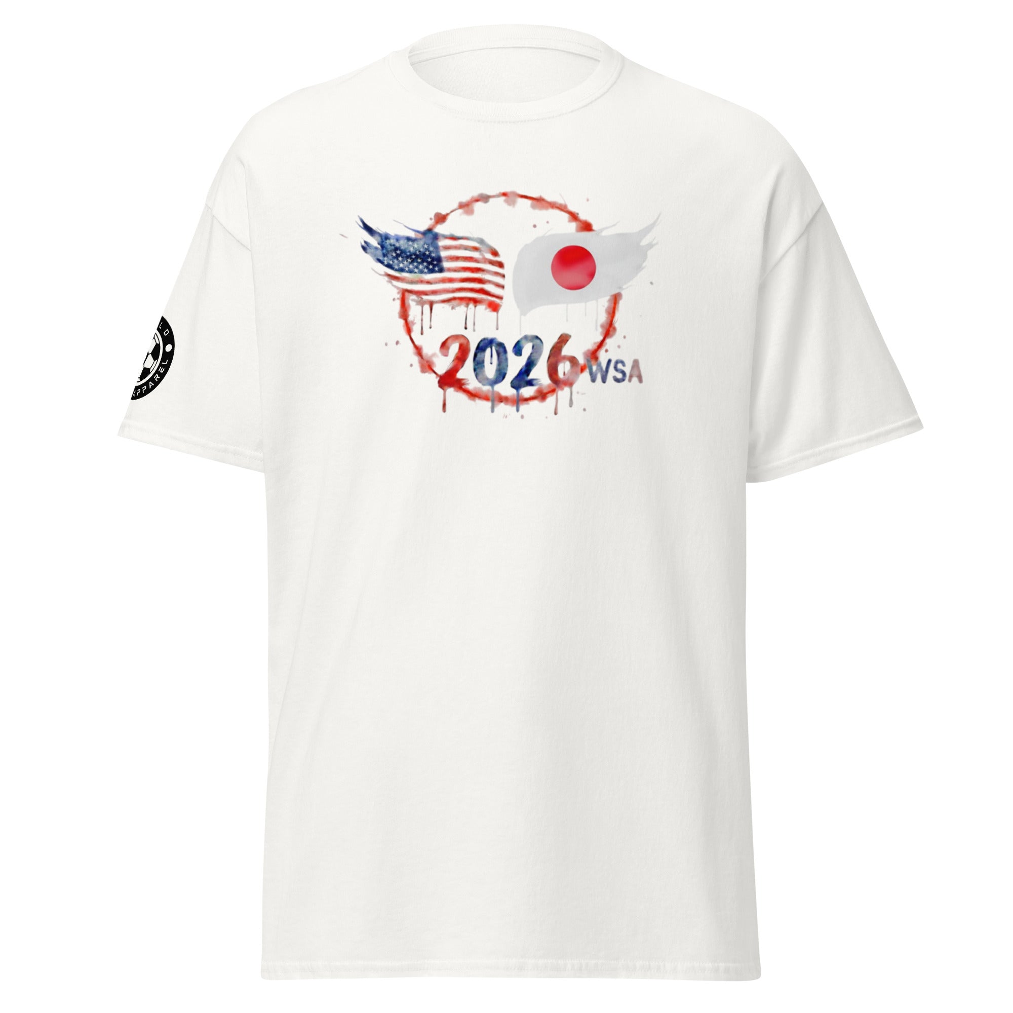 White t-shirt with 2026 WSA logo featuring American and Japanese flags on a white background