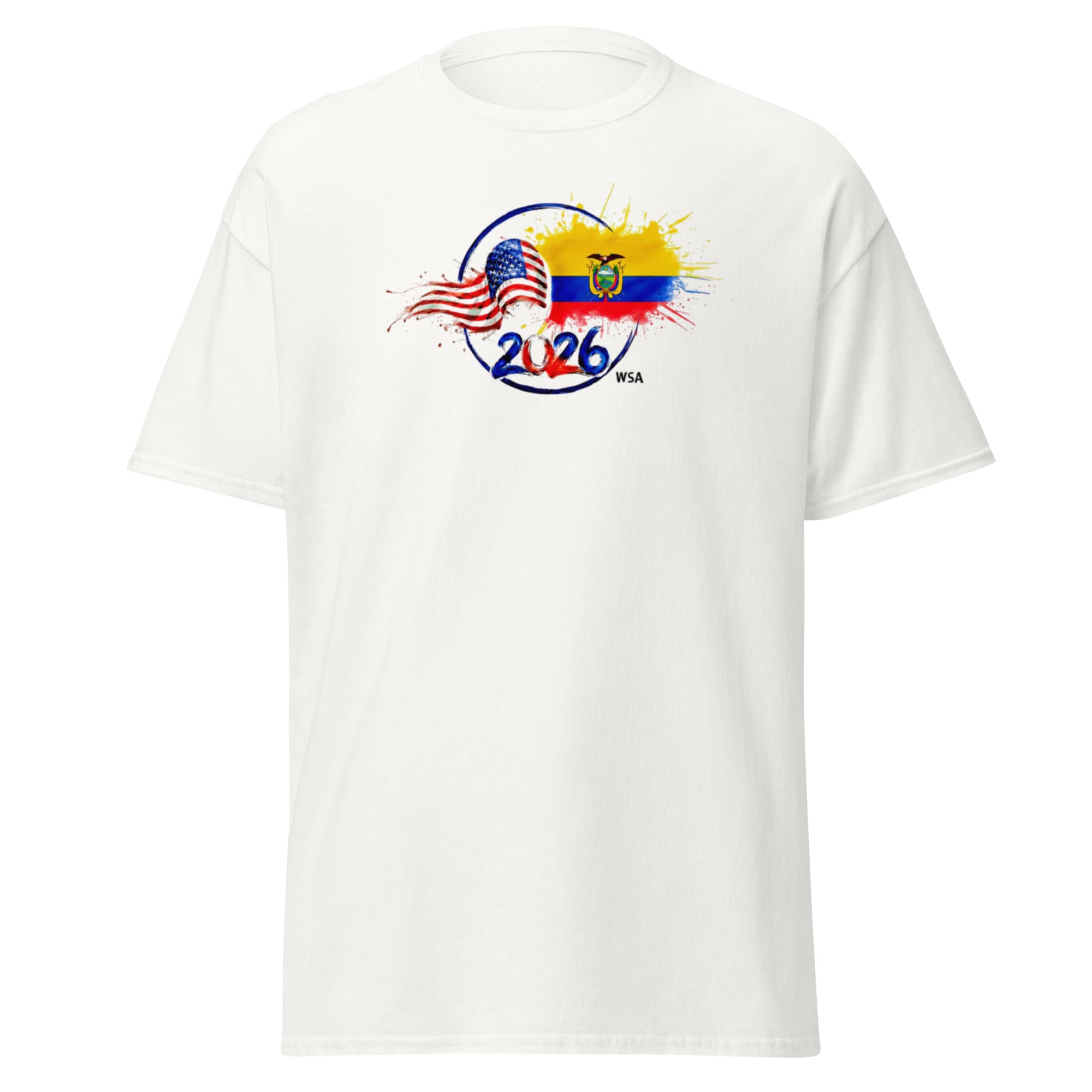 White t-shirt with 2026 World Cup design featuring American and Ecuadorian flags on a white background