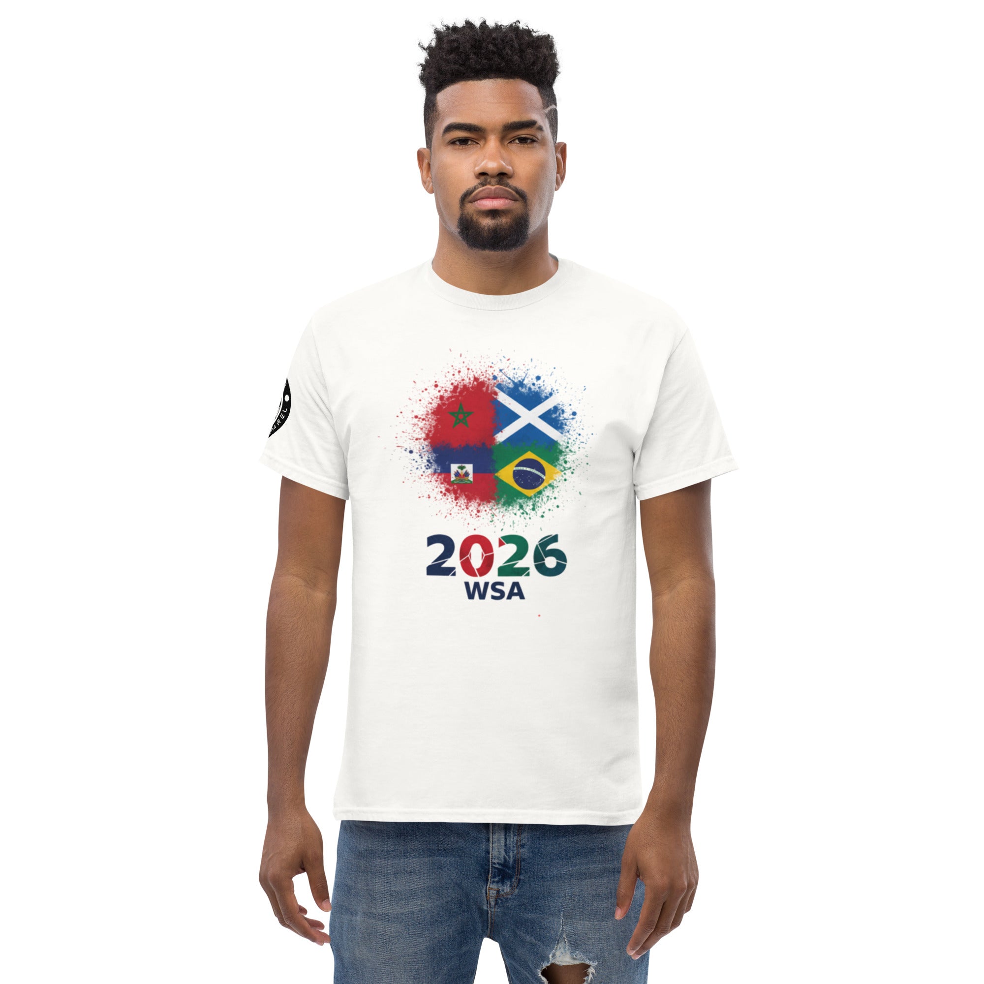 Man wearing a white t-shirt with 2026 WSA design on a white background