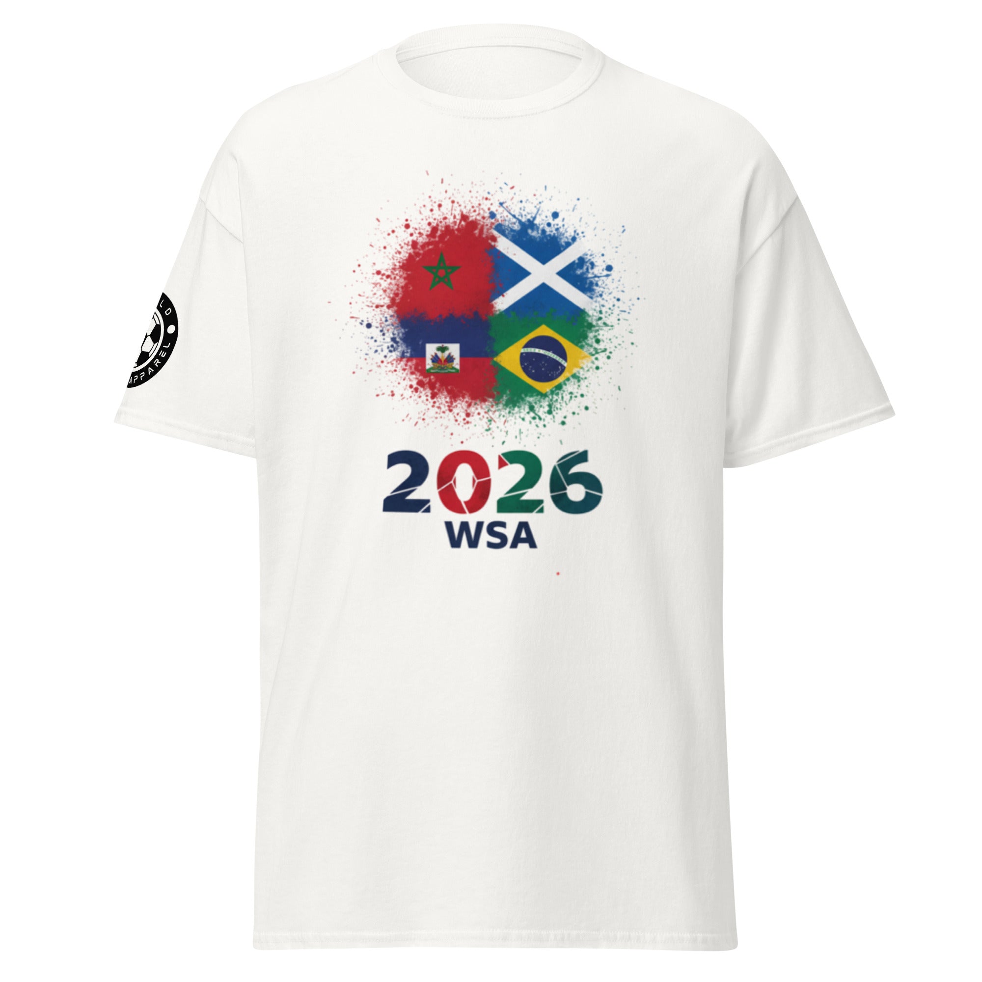 White t-shirt with colorful graphic design and text on a white background
