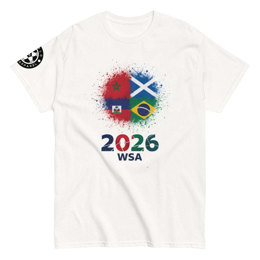 White t-shirt with colorful graphic and text on a white background