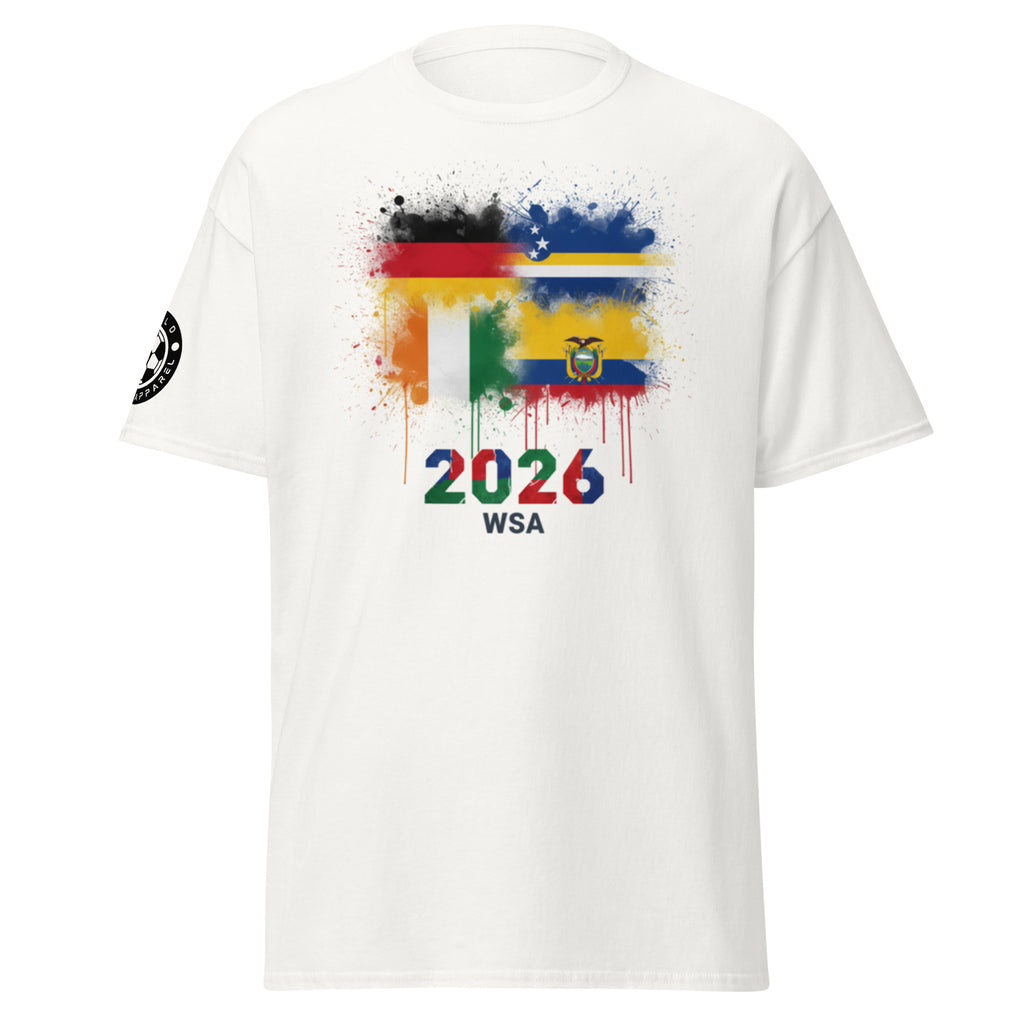 White t-shirt with colorful design featuring flags and '2026 WSA' text on a white background