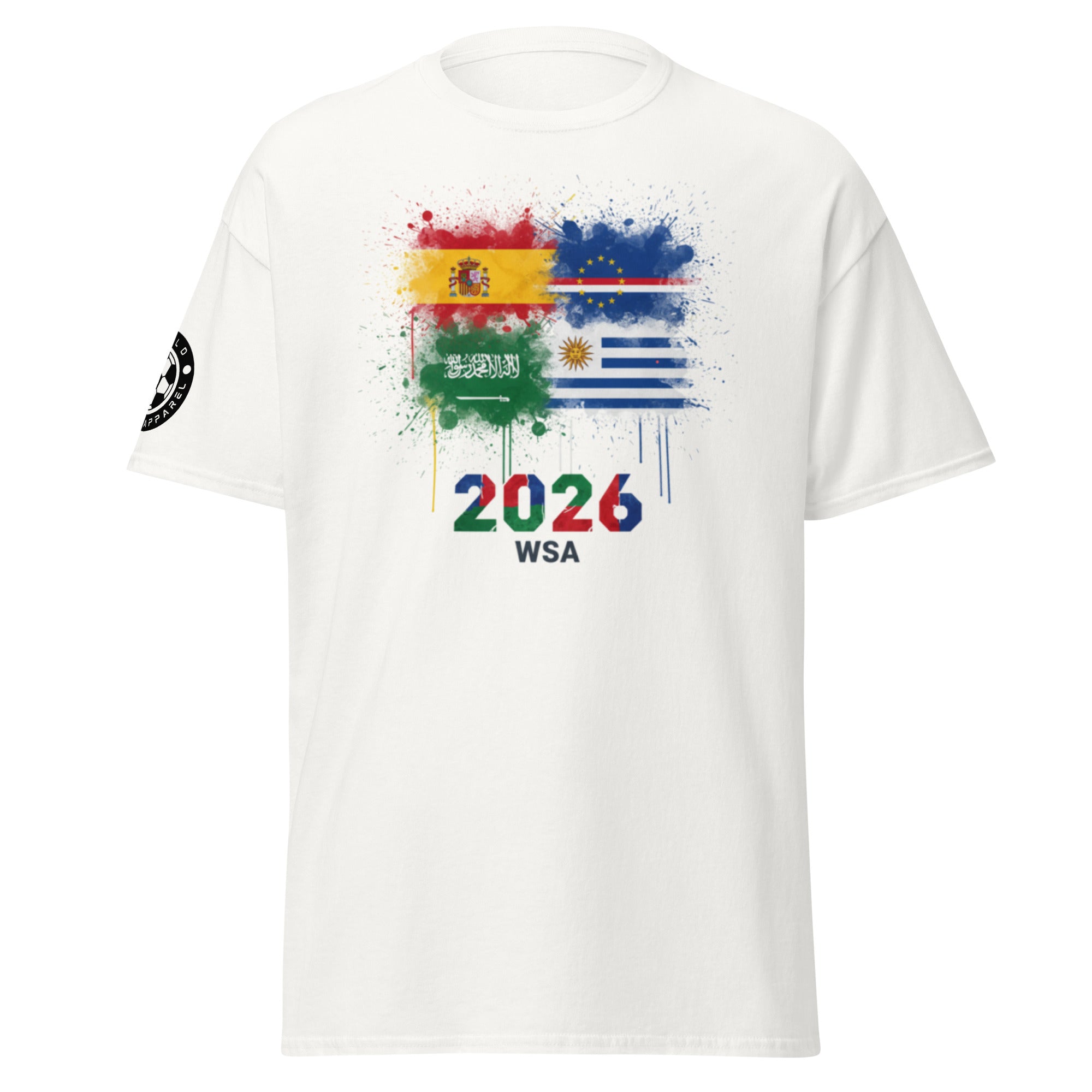 White t-shirt with colorful graphic design featuring flags and '2026 WSA' text on a white background