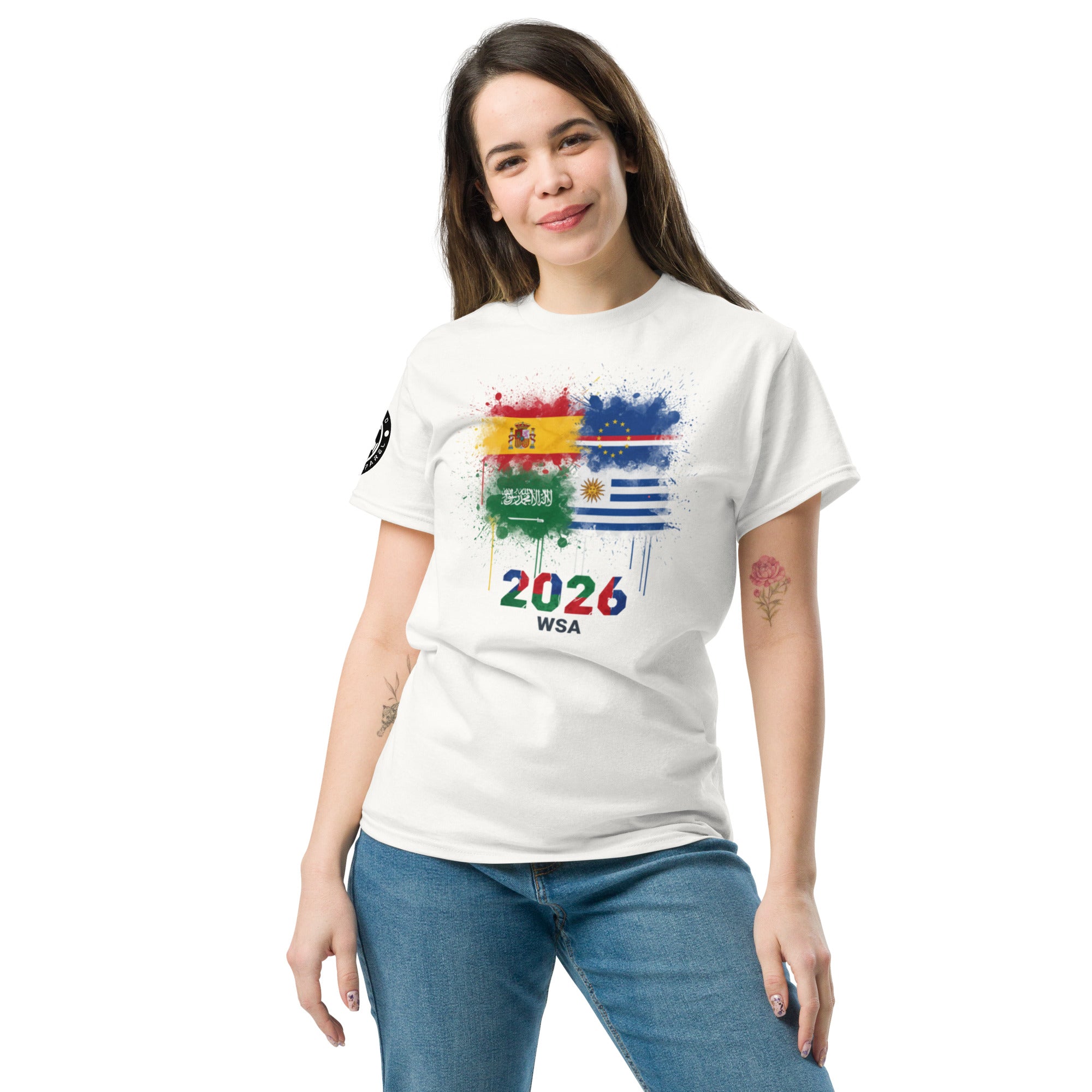 Woman wearing a white t-shirt with colorful graphics and text on a white background
