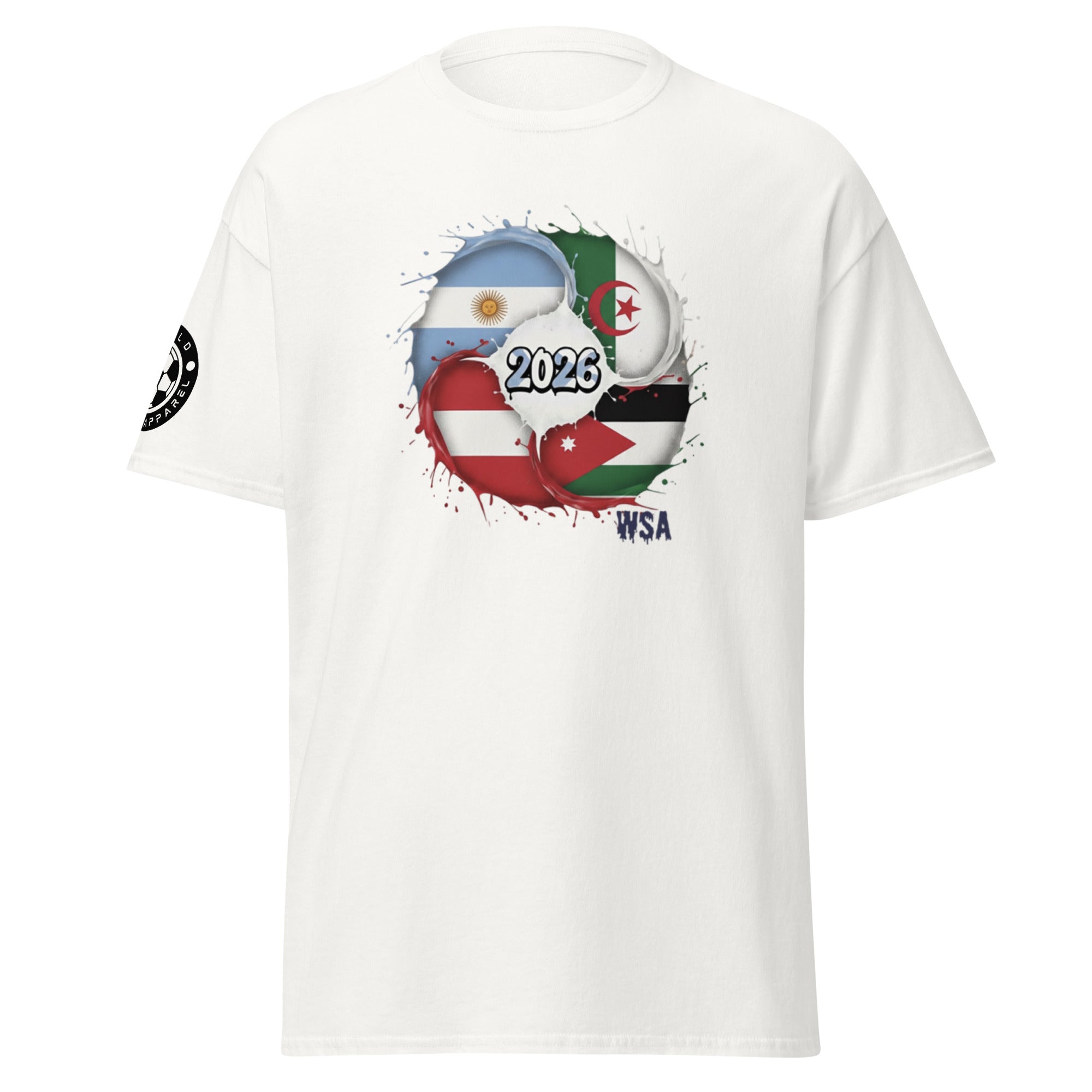 White t-shirt with country flags and '2026' printed on a white background