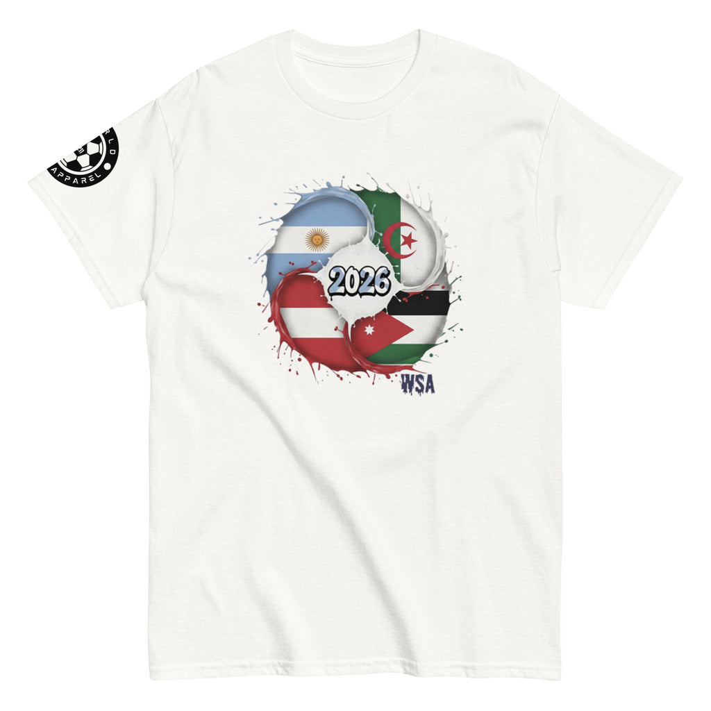 White t-shirt with country flags and '2023' printed on it