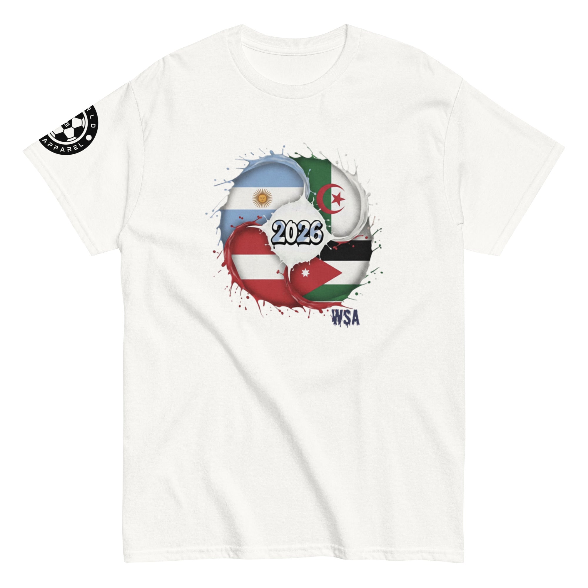 White t-shirt with country flags and '2023' printed on it