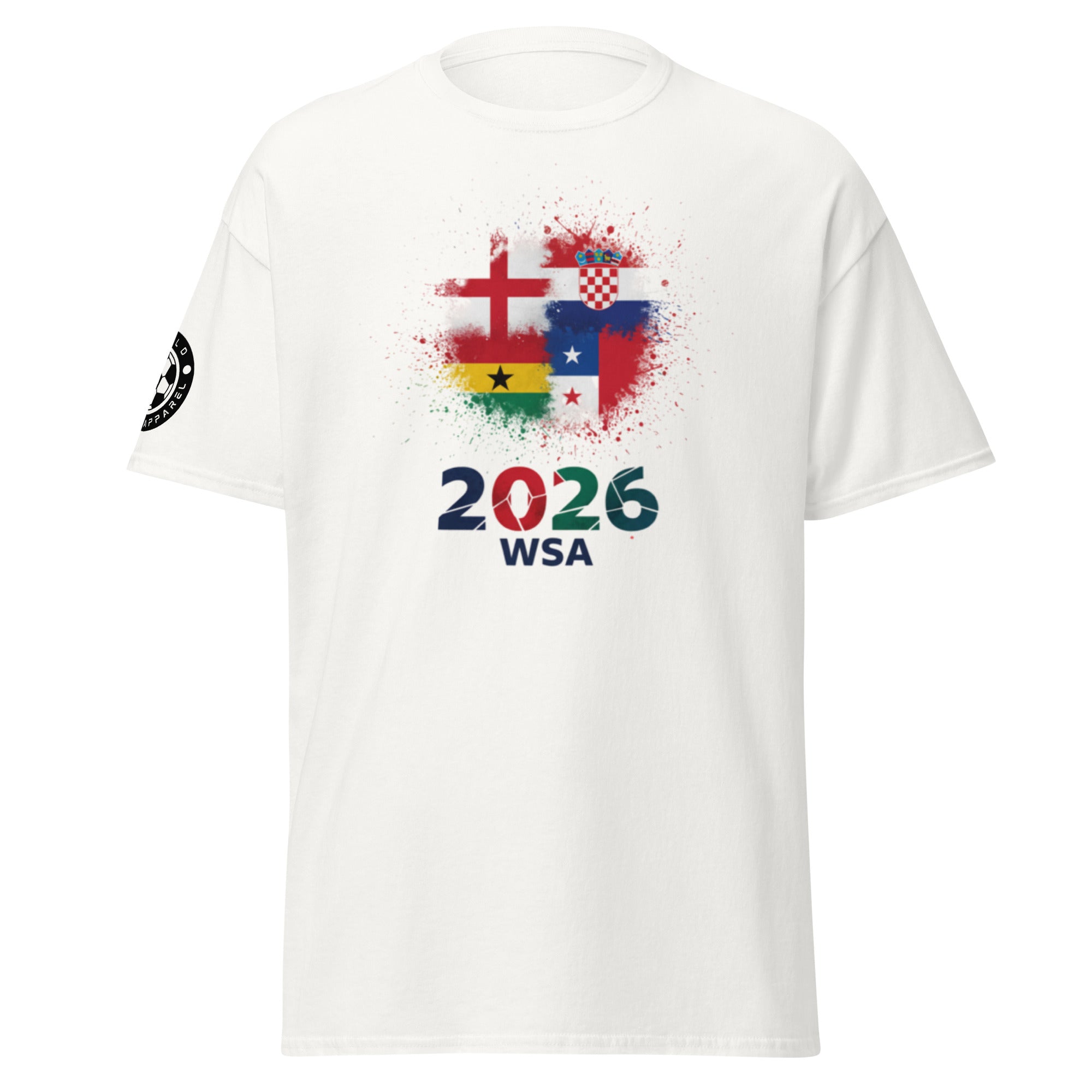White t-shirt with colorful design and text on a white background