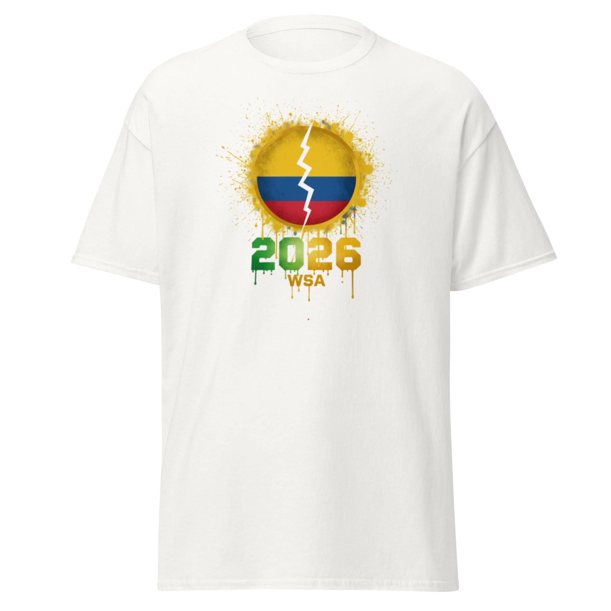 White t-shirt with a colorful design featuring a sun and text on a white background