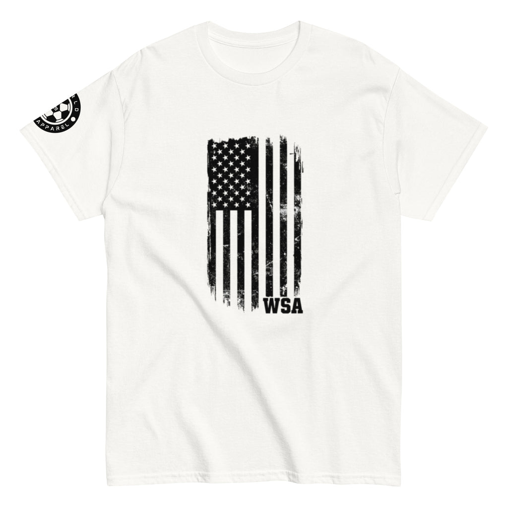 White t-shirt with black American flag graphic and 'WSA' text on a white background