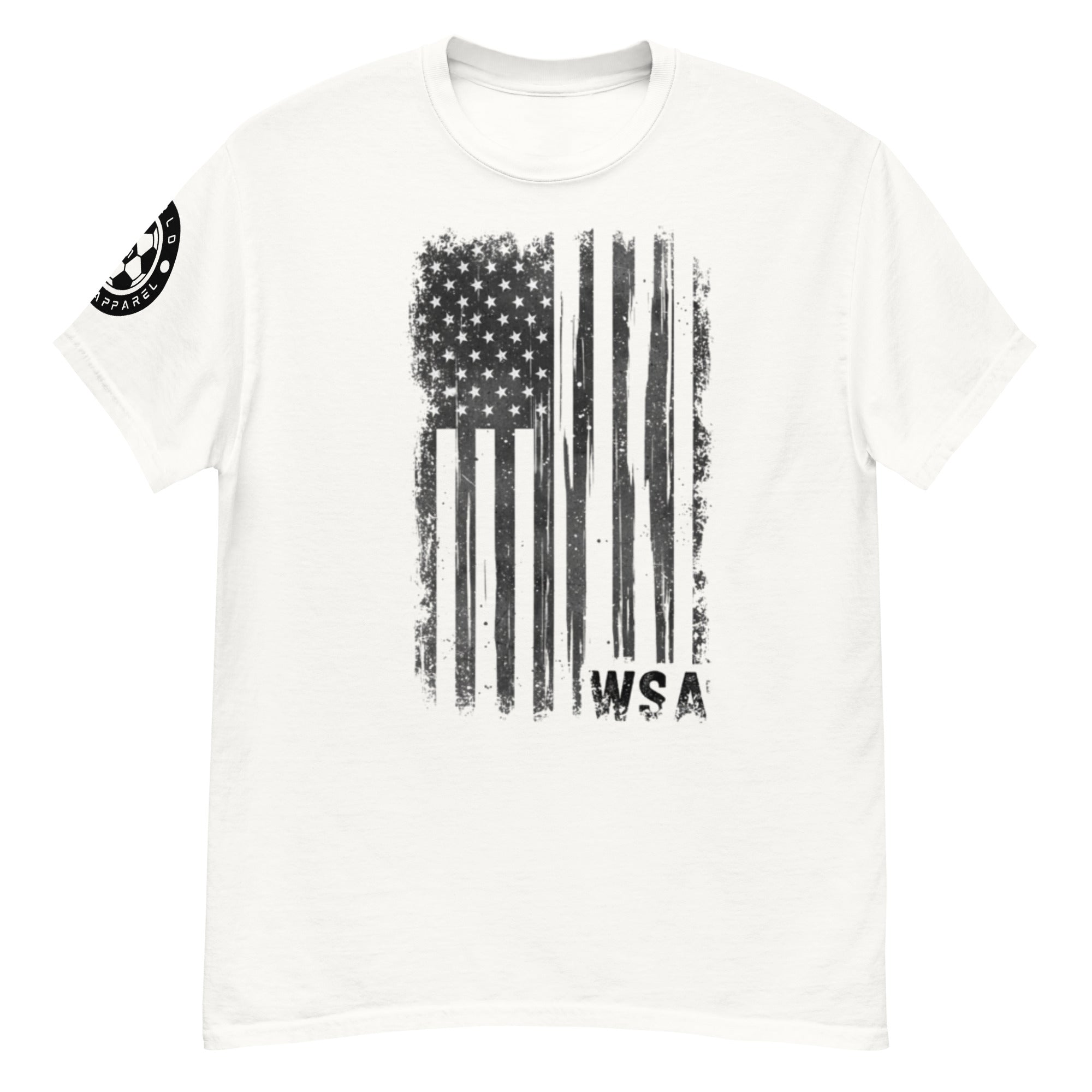 White t-shirt with black American flag graphic and 'WSA' text on a white background