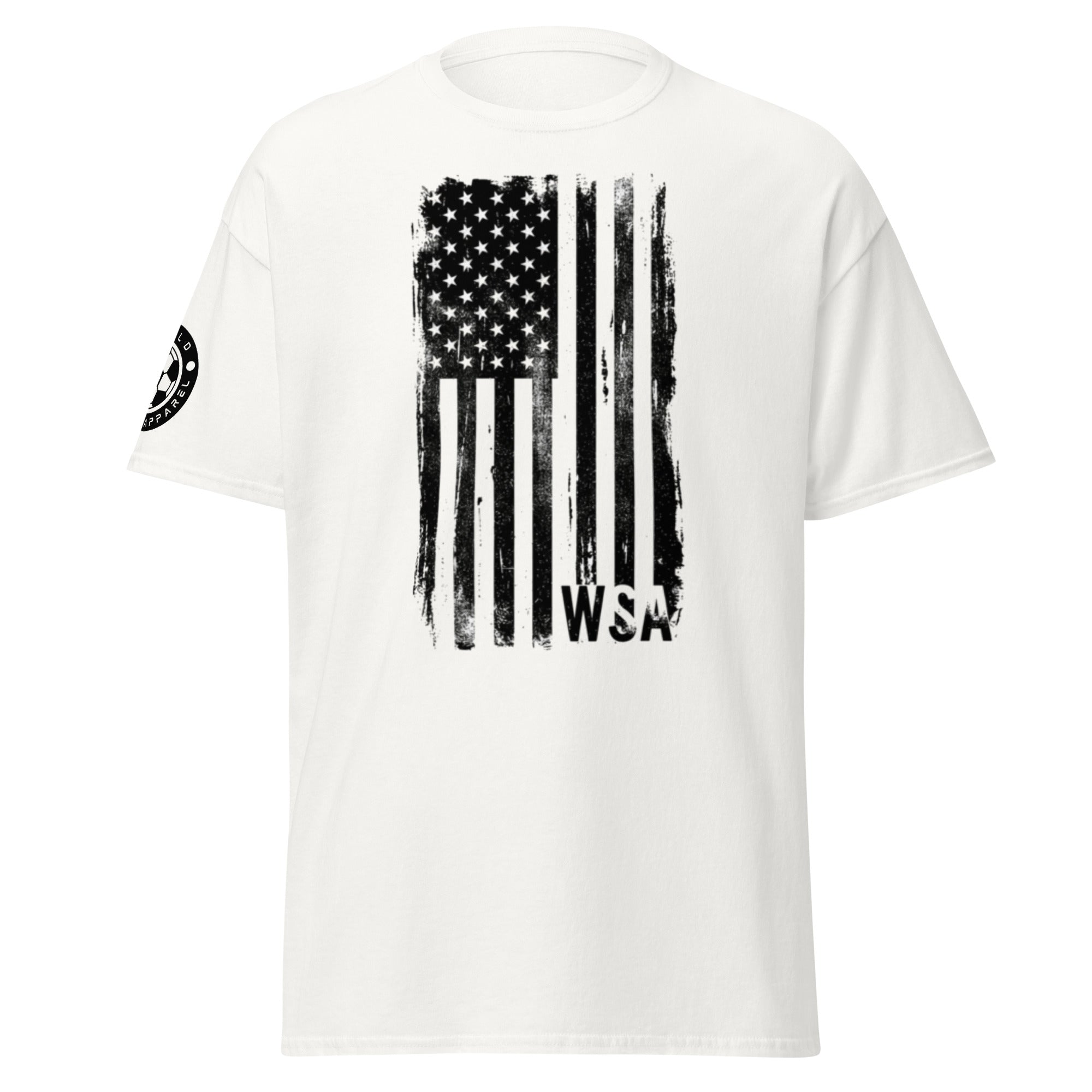 White t-shirt with black American flag graphic and 'WSA' text on a white background