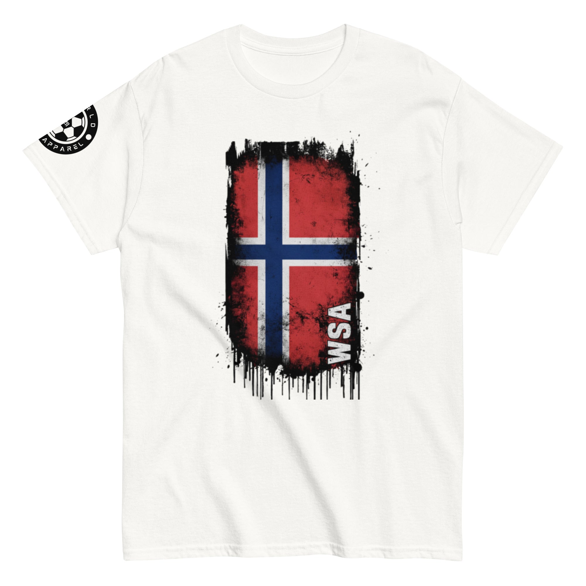 White t-shirt with a red, blue, and white flag design and 'WSA' text on a white background