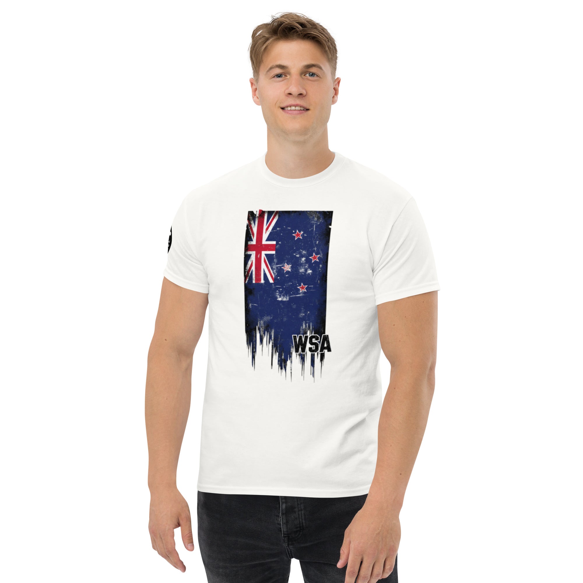 Person wearing a white t-shirt with a flag design and 'WSA' text on a white background