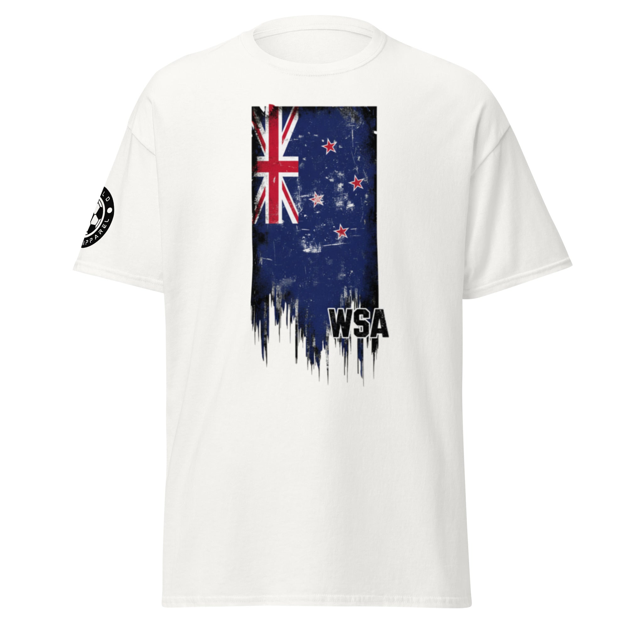 White t-shirt with a graphic of a flag and 'WSA' text on a white background