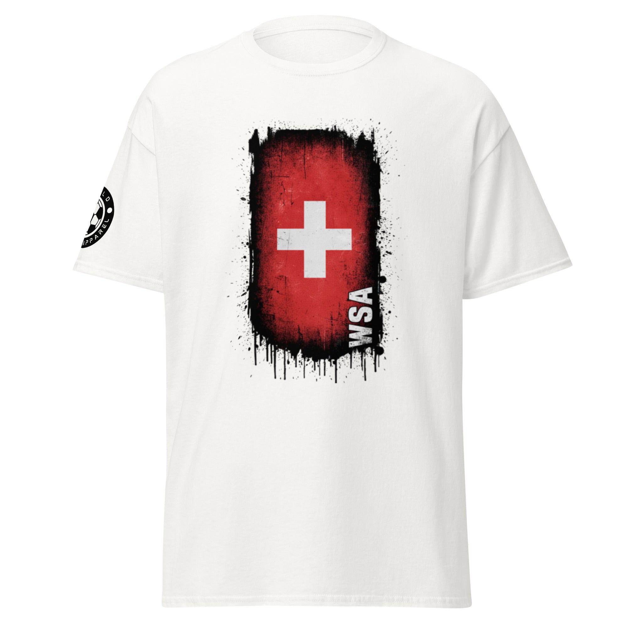 White t-shirt with a red and black graphic design featuring a cross and 'WSA' text on a white background.