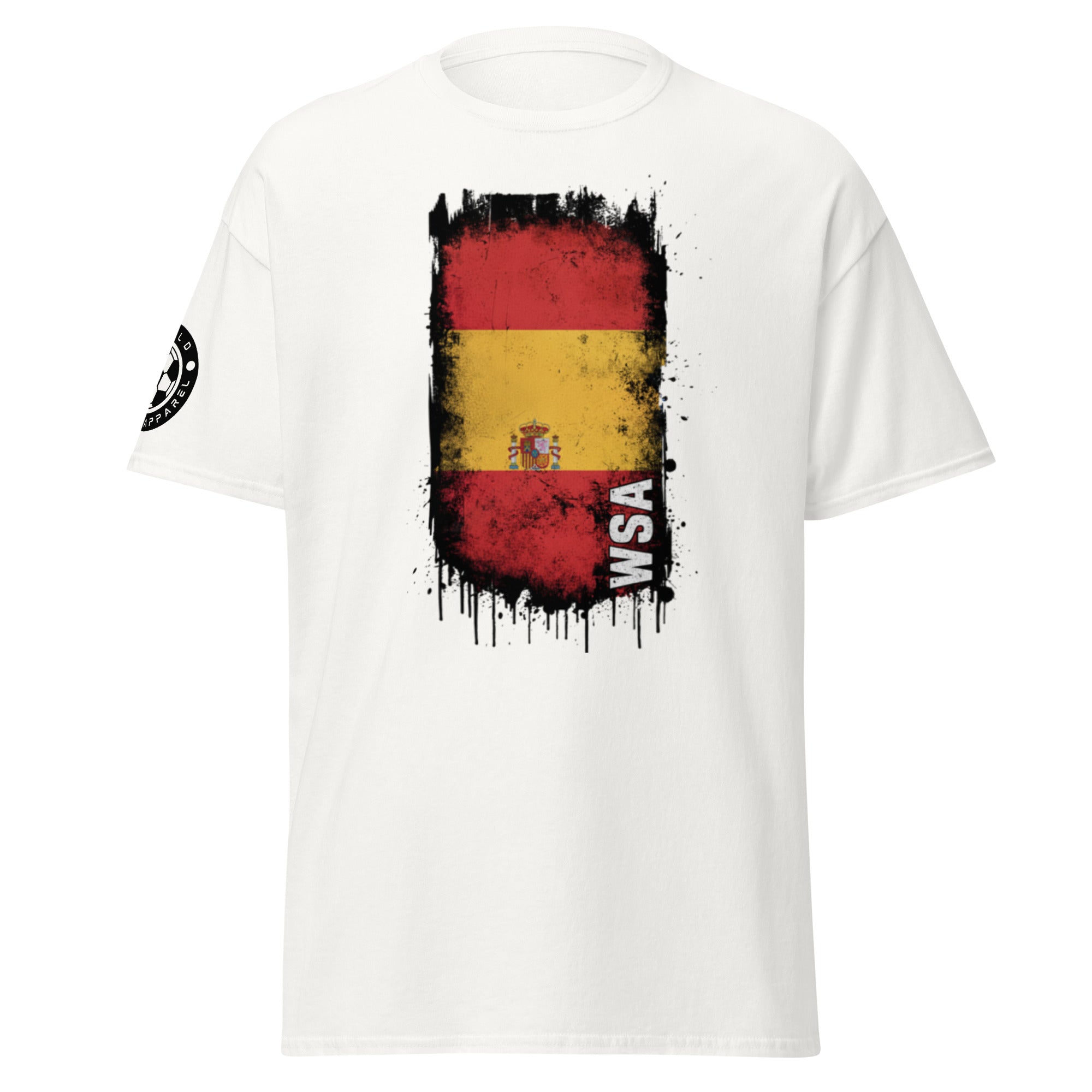 White t-shirt with a colorful graphic design on a white background