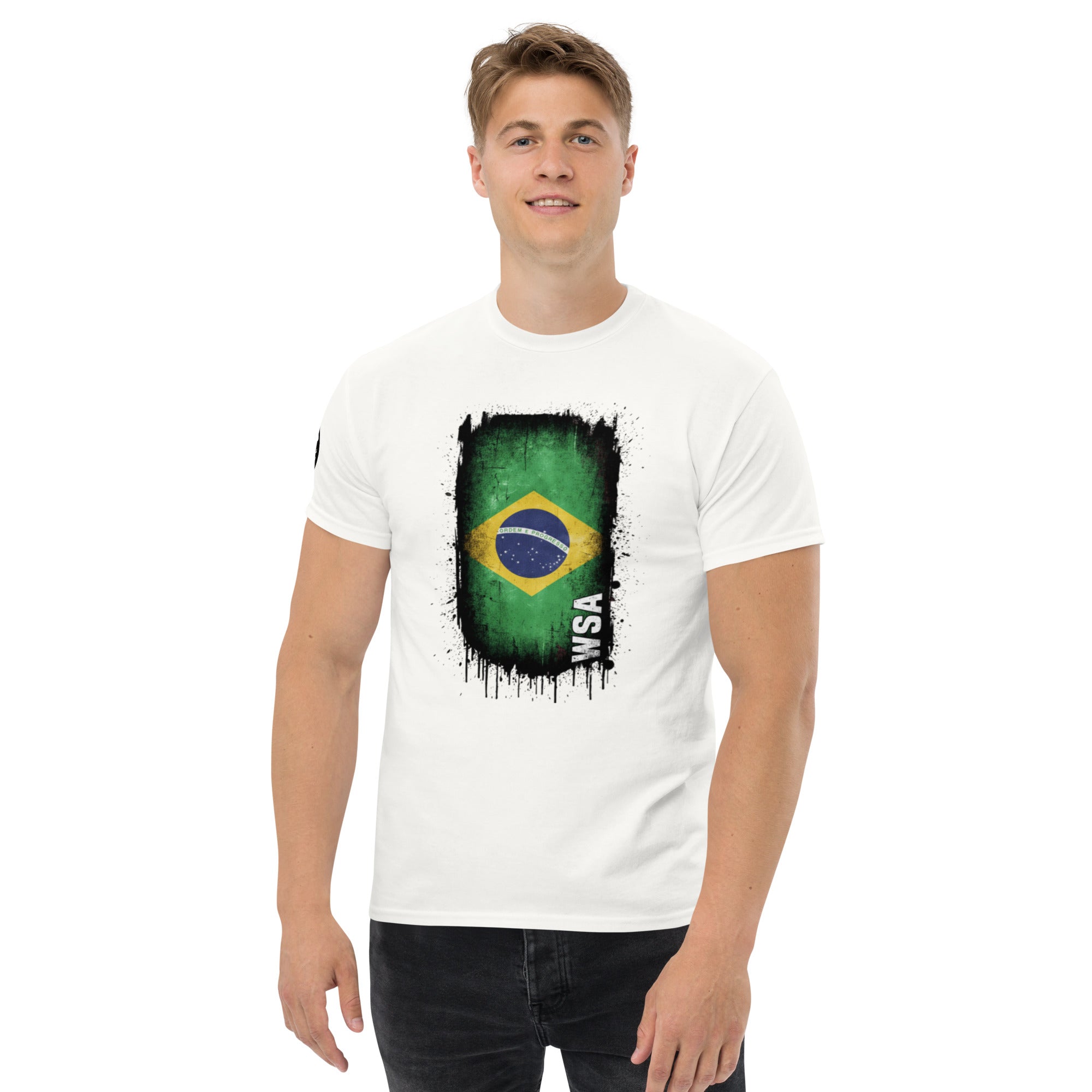Man wearing a white t-shirt with a Brazilian flag design on a white background
