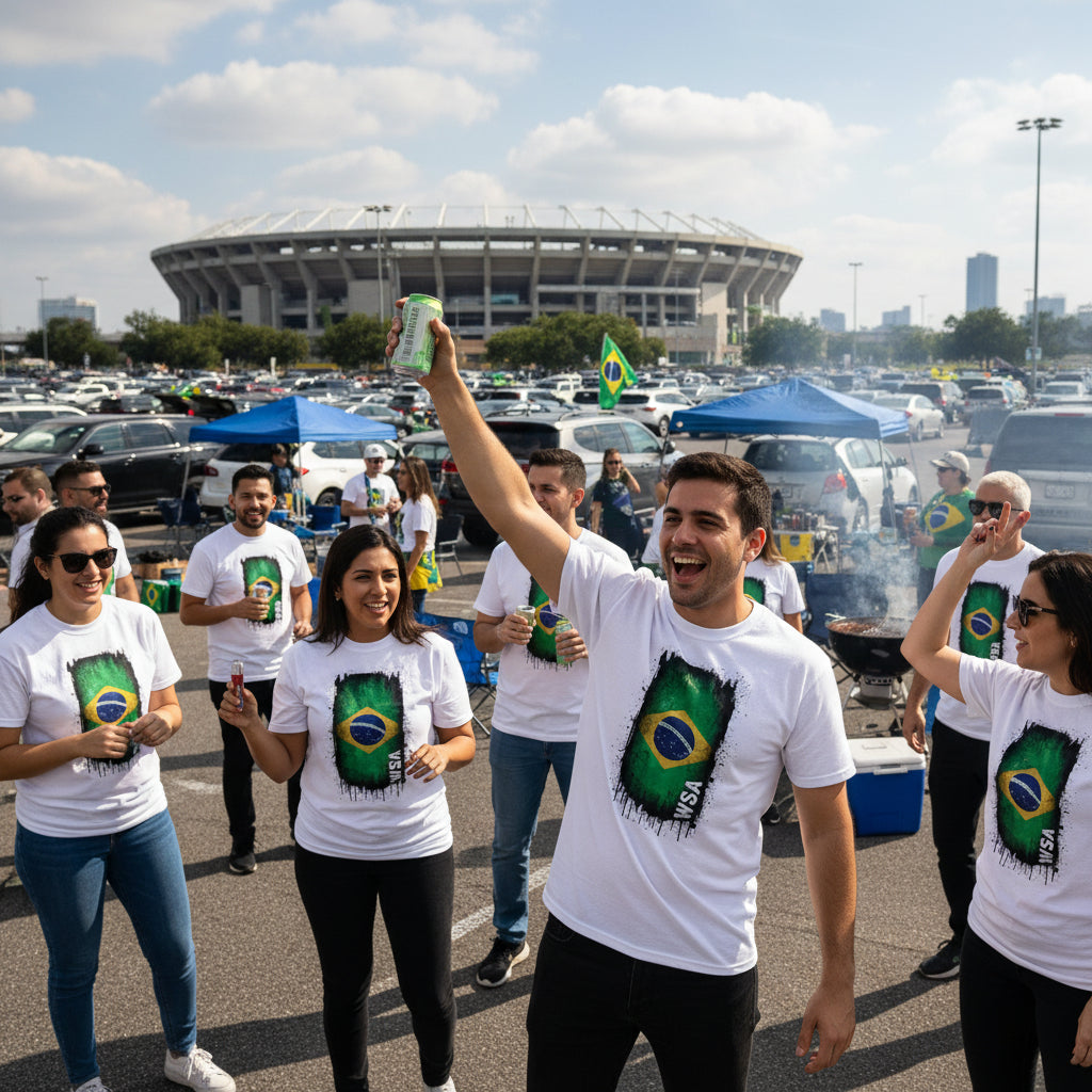 White t-shirt with Brazilian flag design on a white background