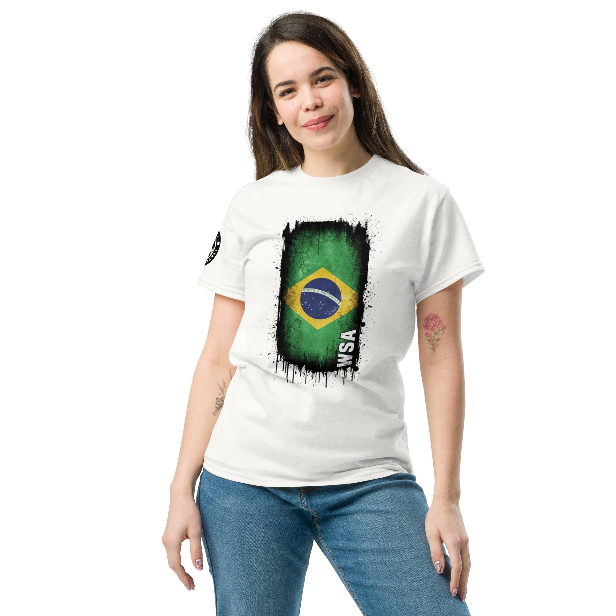 Woman wearing a white t-shirt with a Brazilian flag design on a white background